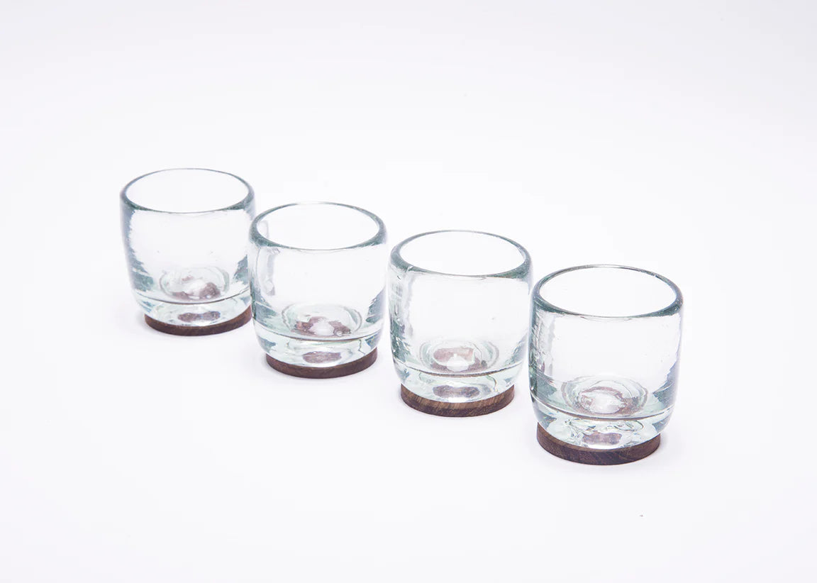 Blown Glass Shots w/ Wood Coaster - set of 4