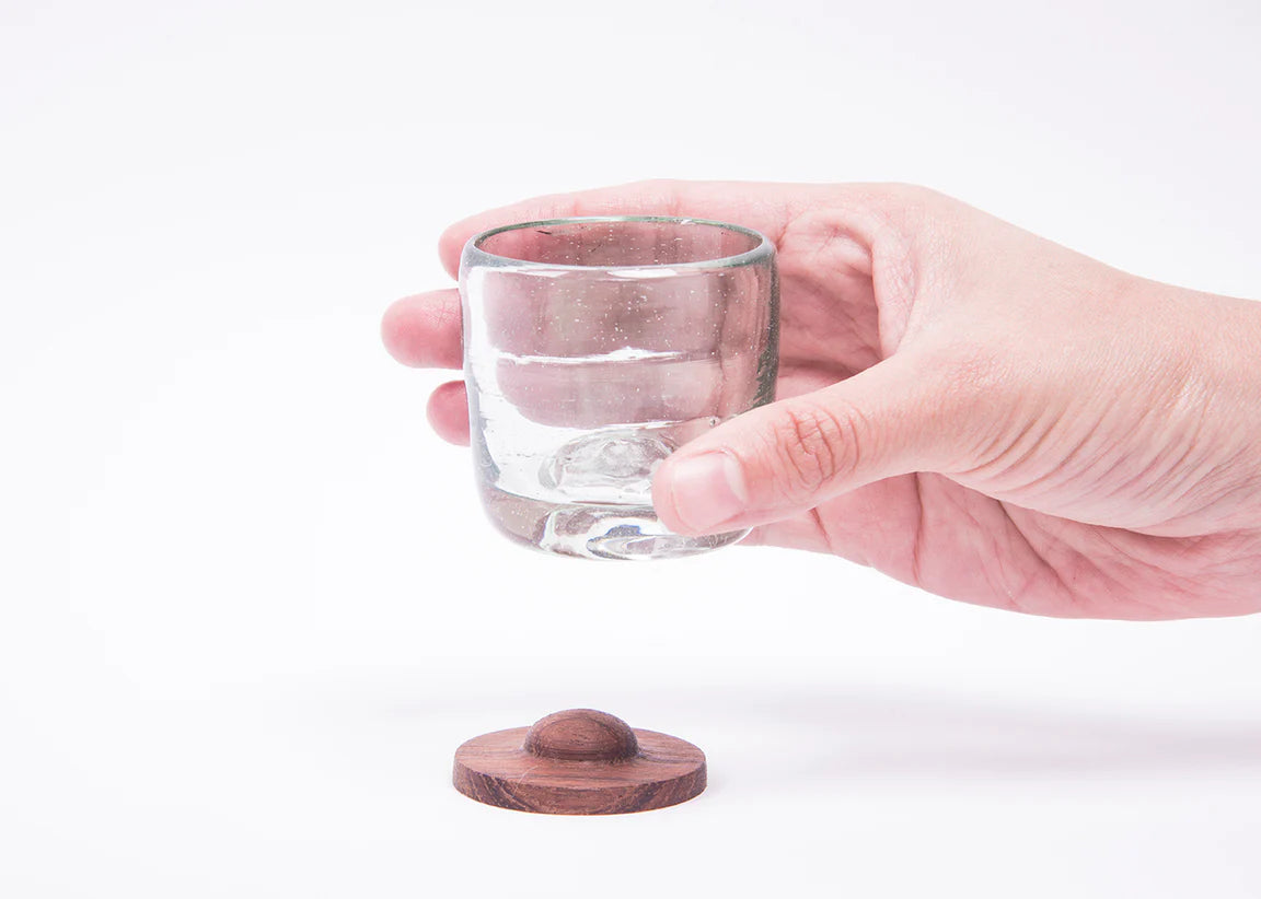 Blown Glass Shots w/ Wood Coaster - set of 4