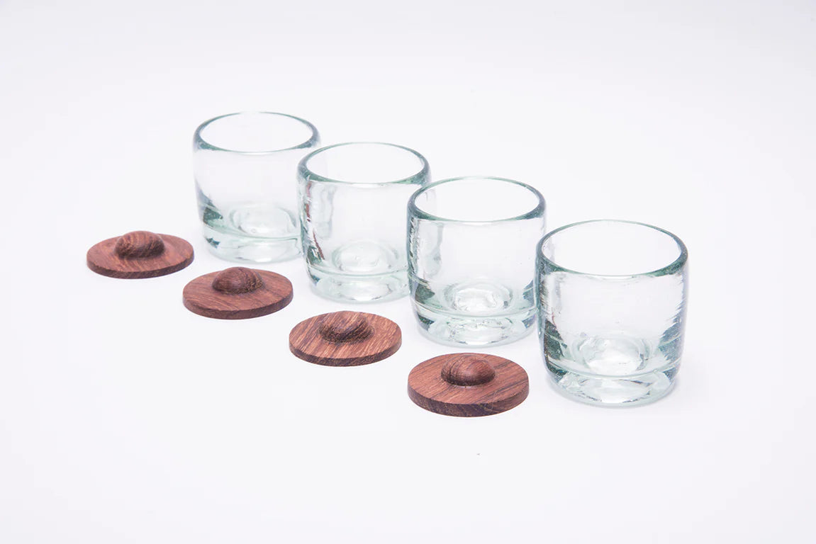 Blown Glass Shots w/ Wood Coaster - set of 4