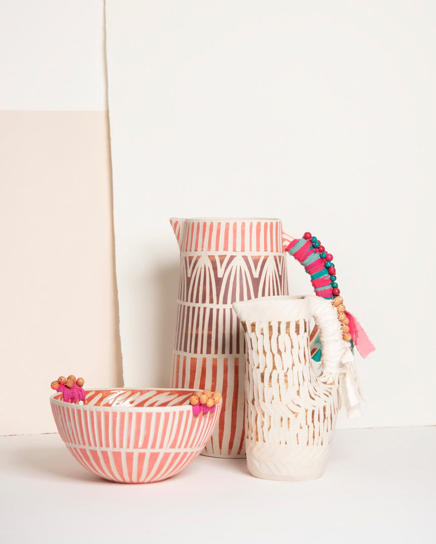 Festa Handmade Ceramic Jug in White and Red Stripes