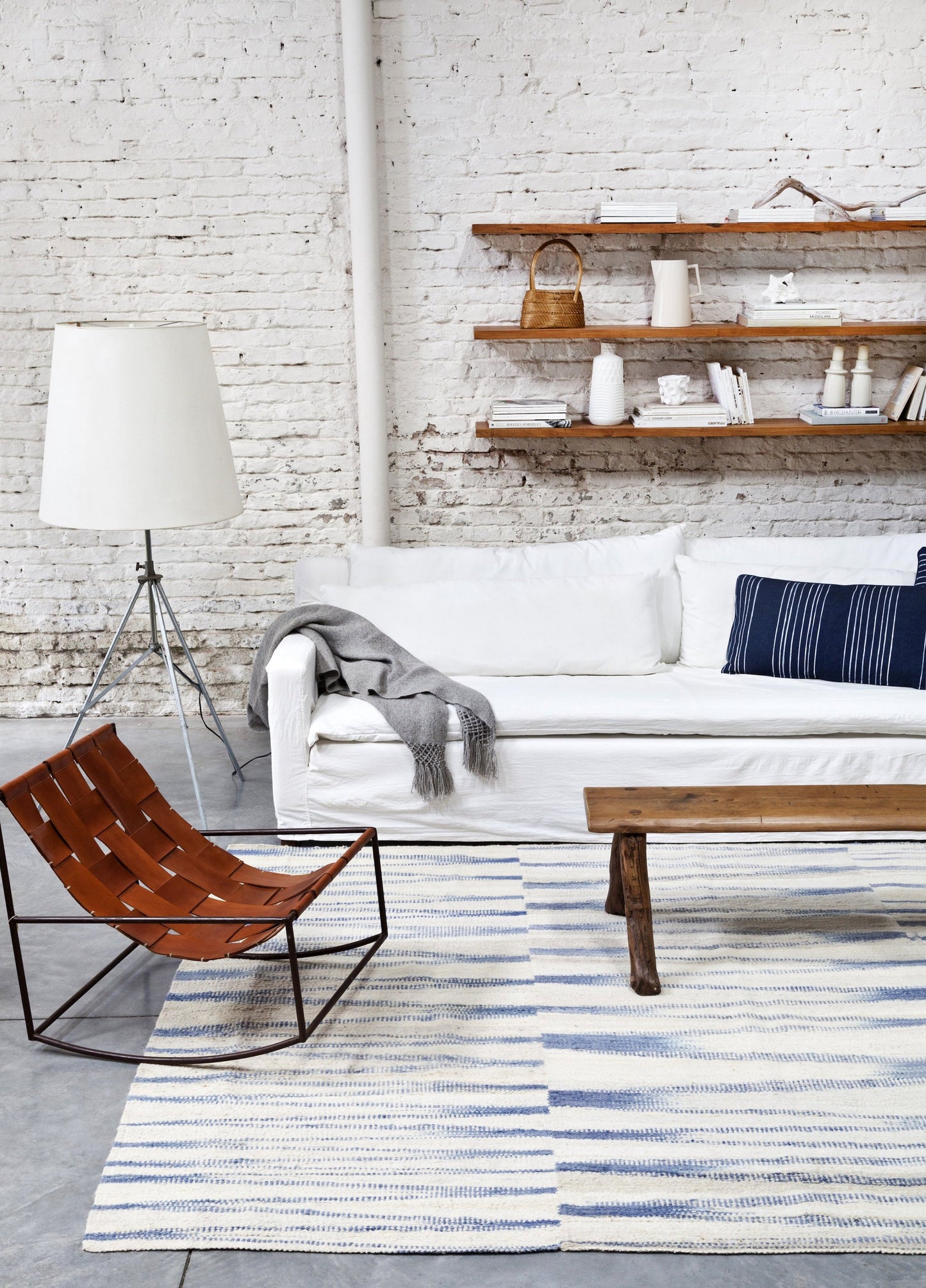Handwoven wool rug blue and white