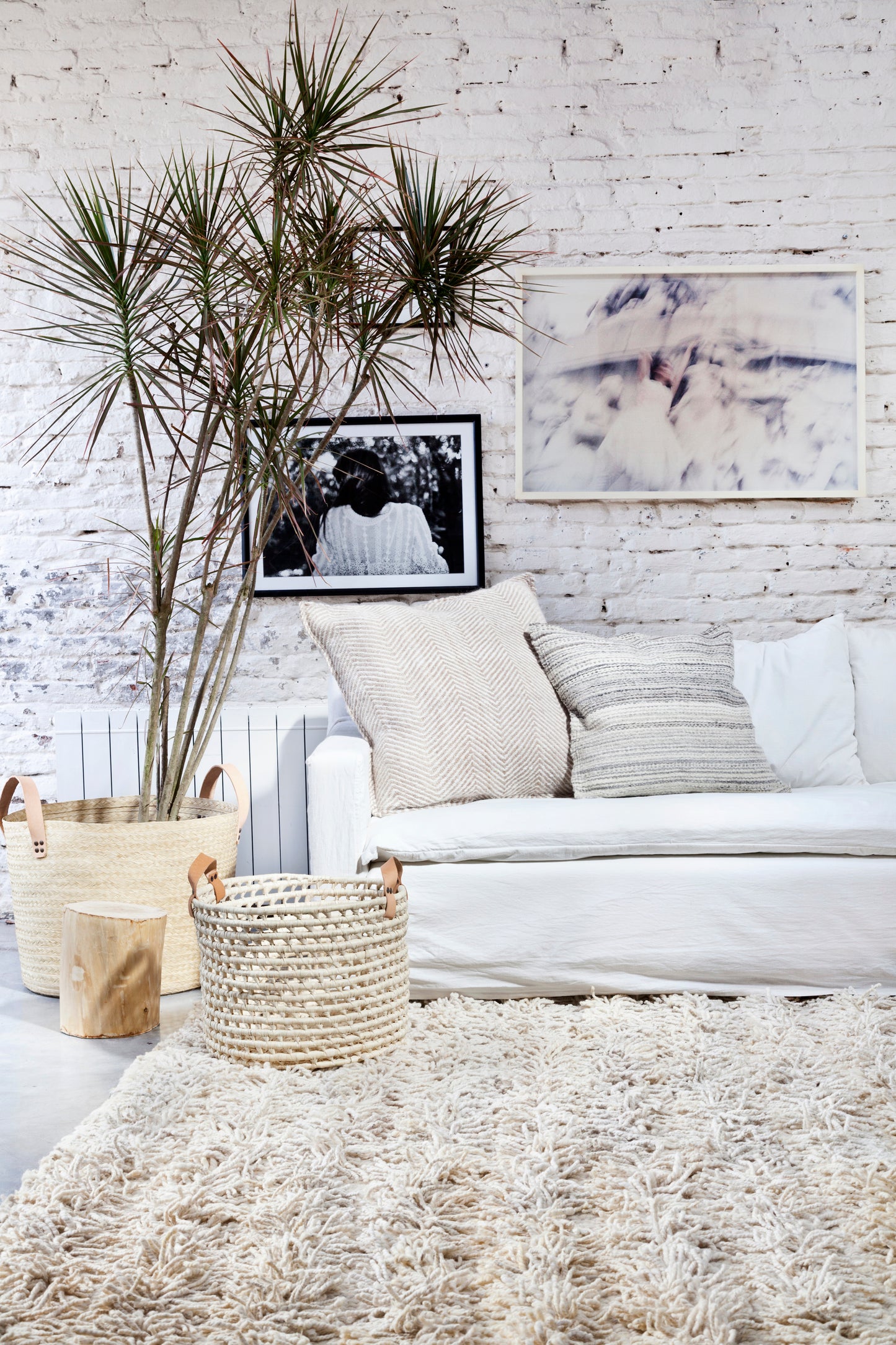 Handwoven wool shag rug white natural