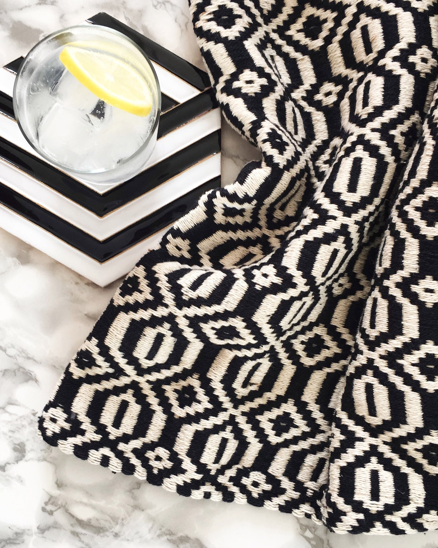 Handwoven recycled cotton blanket geometric pattern black and white B&W