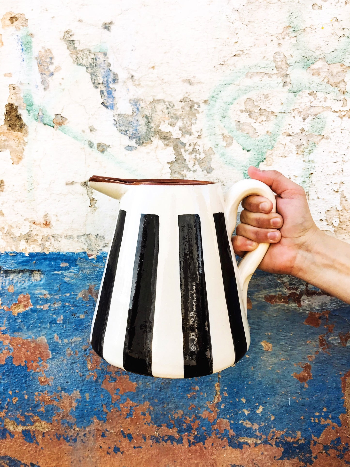 Handmade ceramic pitcher geometric pattern black and white B&W