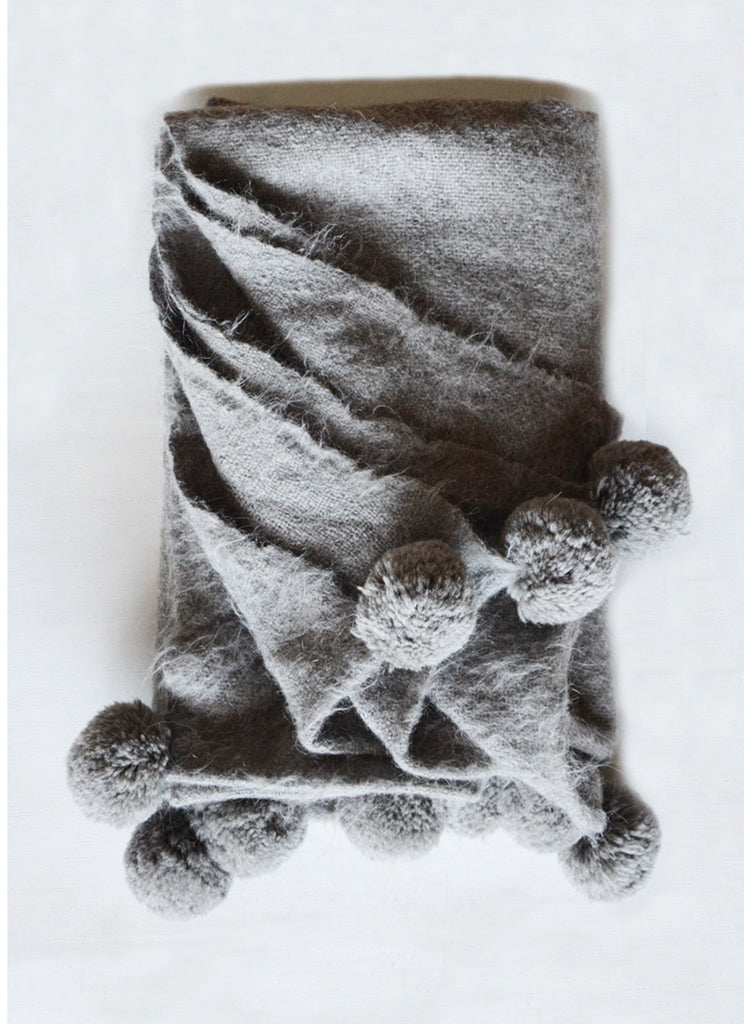 Handwoven llama wool throw silver grey pompoms