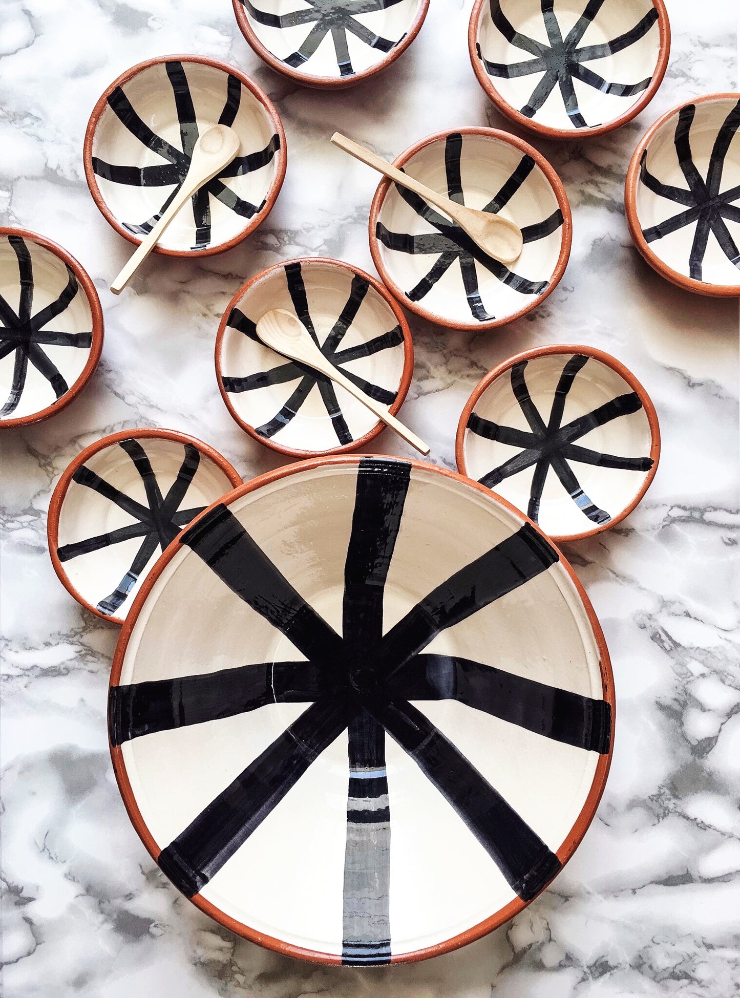 Handmade ceramic bowls geometric pattern black and white B&W