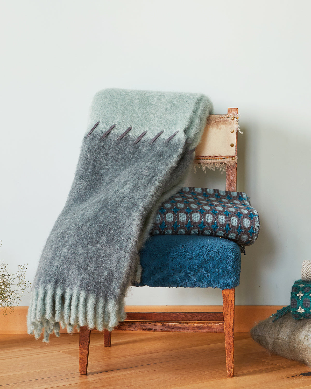 Marina and Seafoam Mohair Blanket - Suede Whipstitch