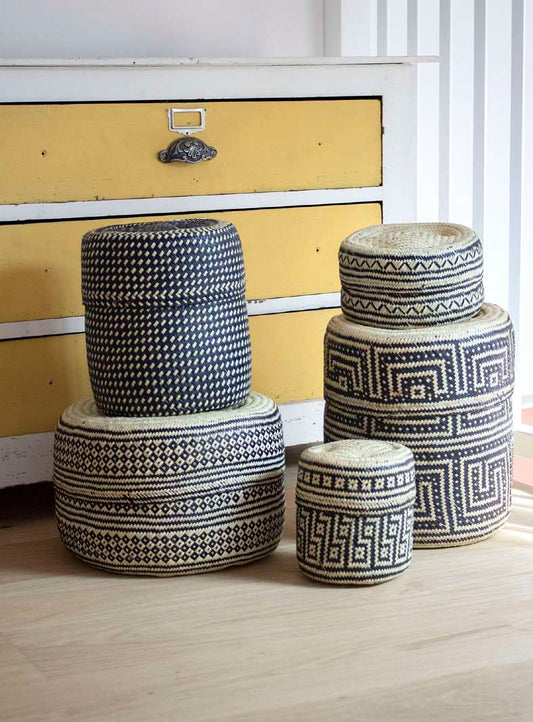 Black and Natural Woven Palm Baskets with Lid (Copy)