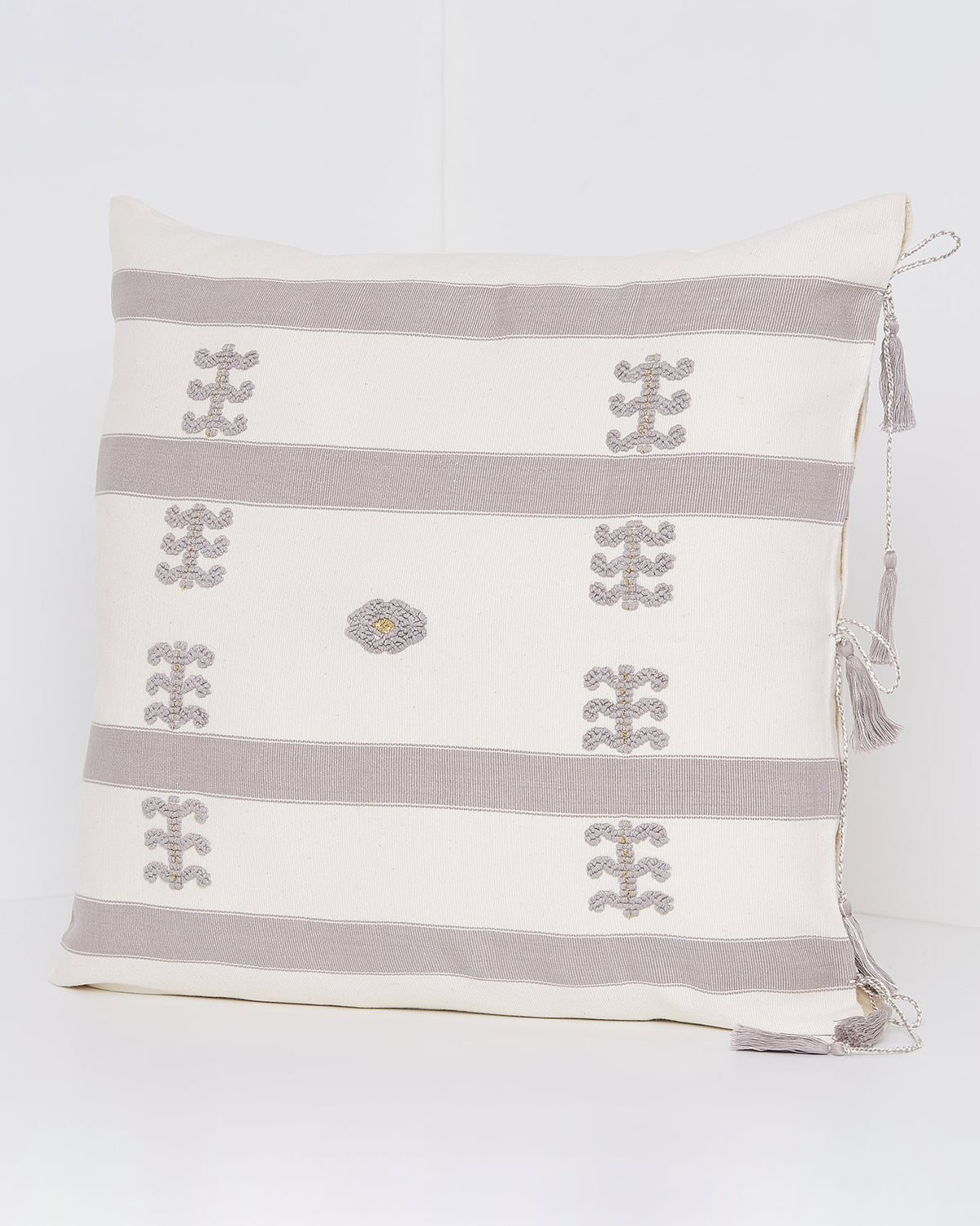 SALE 35% off - Virginia Cotton Throw Pillow White w/ Gray Embroidery