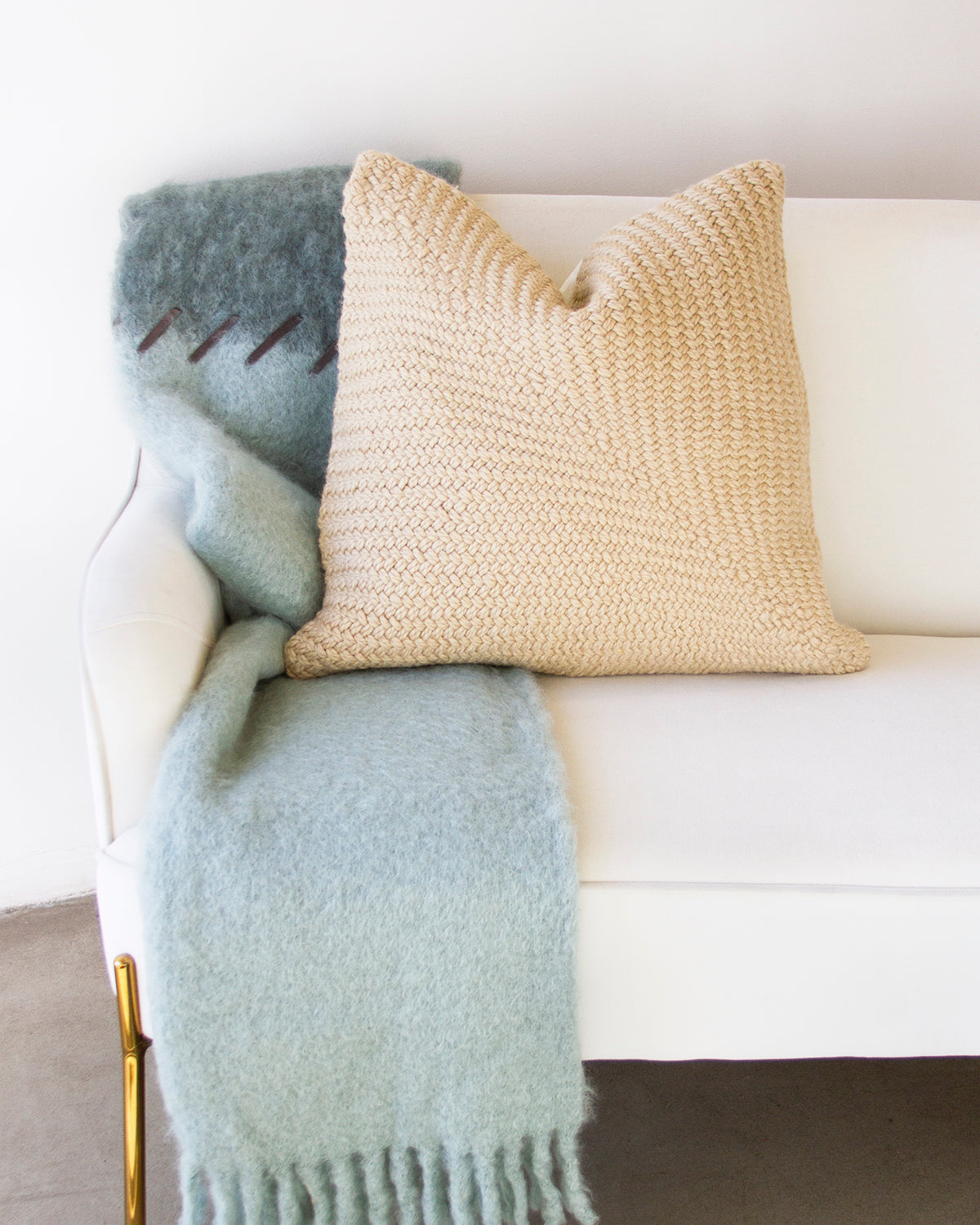 Marina and Seafoam Mohair Blanket - Suede Whipstitch