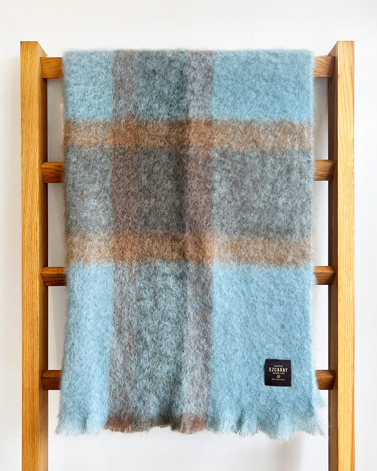 Coffee and Teal Checkered Mohair Blanket Throw