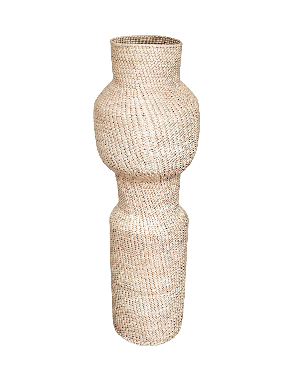 A tall sculpture in a basketlike weave.