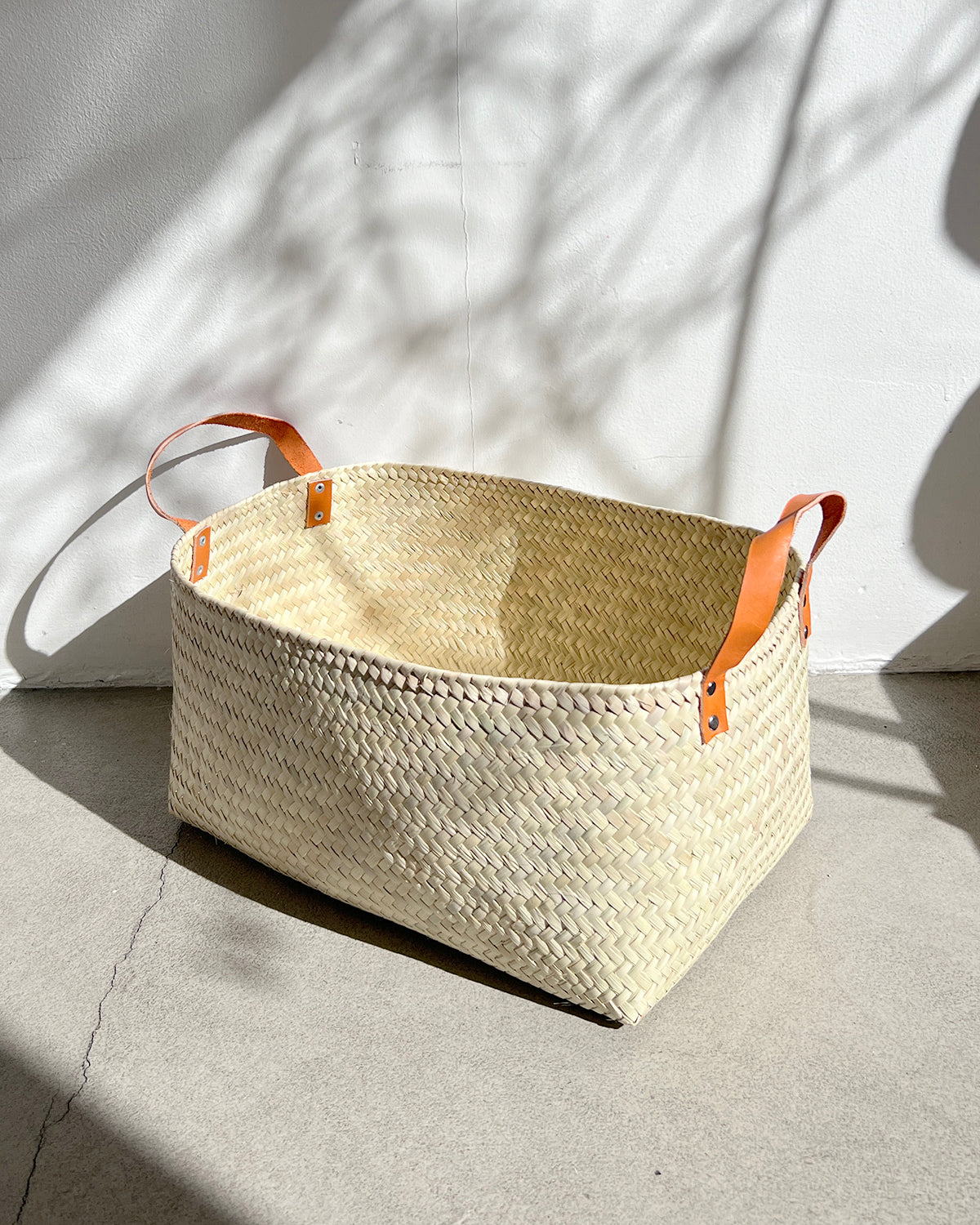 Rectangular Woven Palm Baskets with Leather Handles