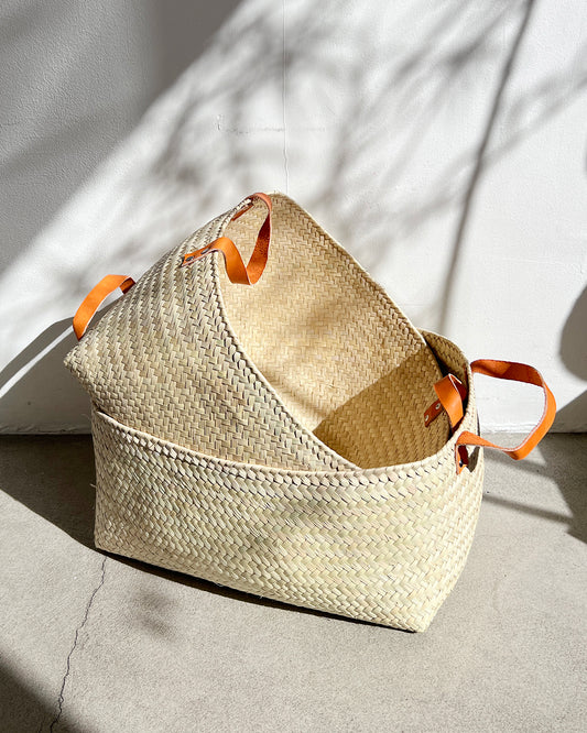 Rectangular Woven Palm Baskets with Leather Handles