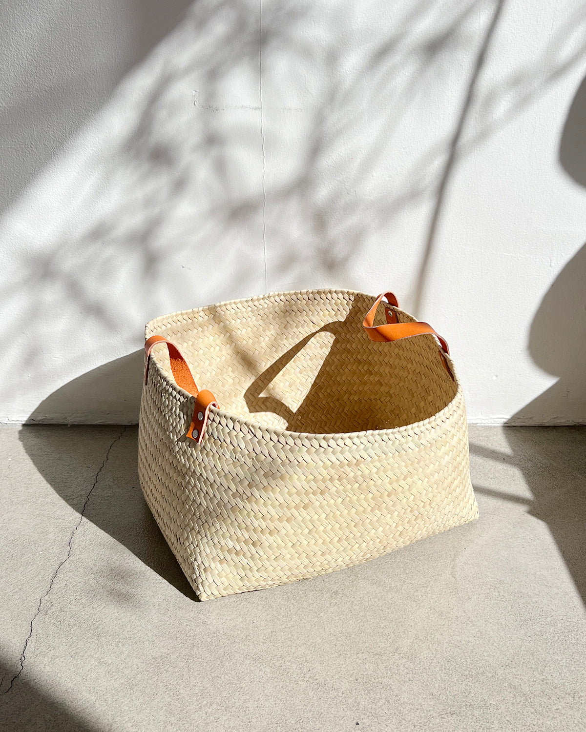 Rectangular Woven Palm Baskets with Leather Handles