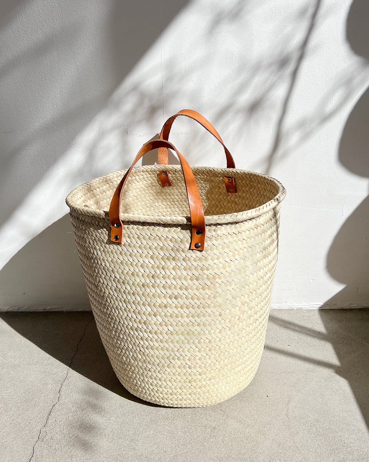 Round Woven Palm Baskets with Leather Handles