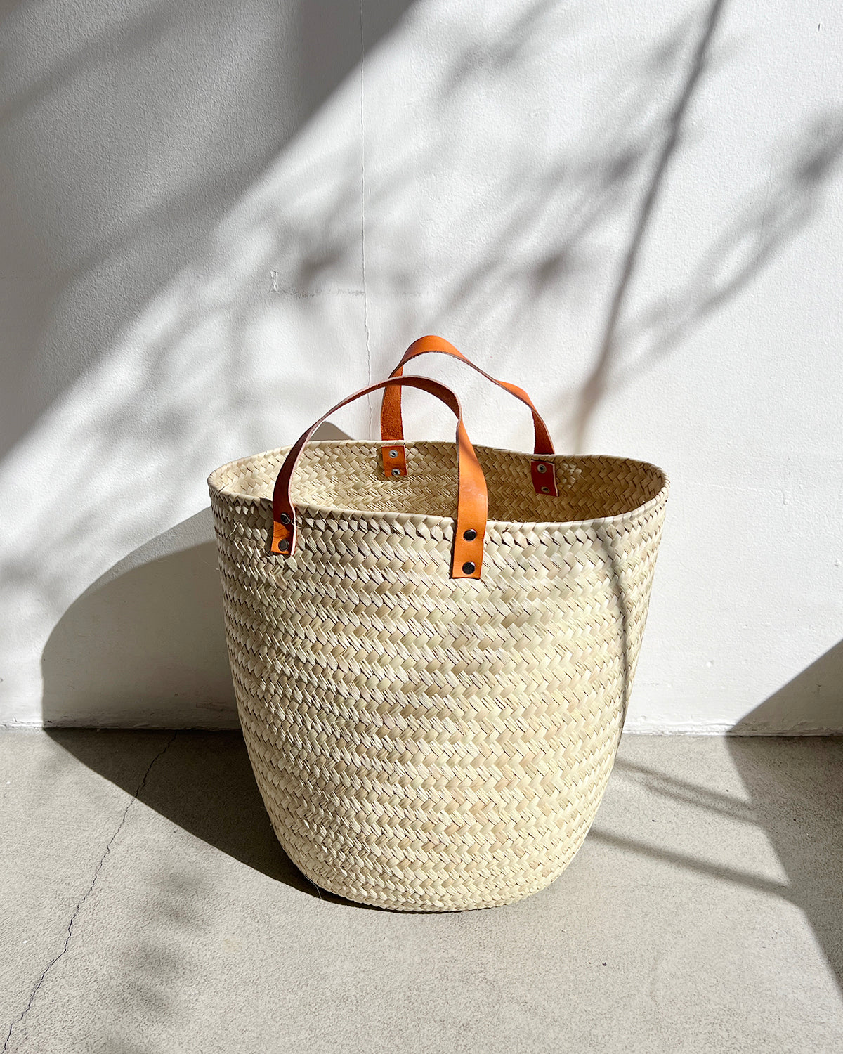 Round Woven Palm Baskets with Leather Handles