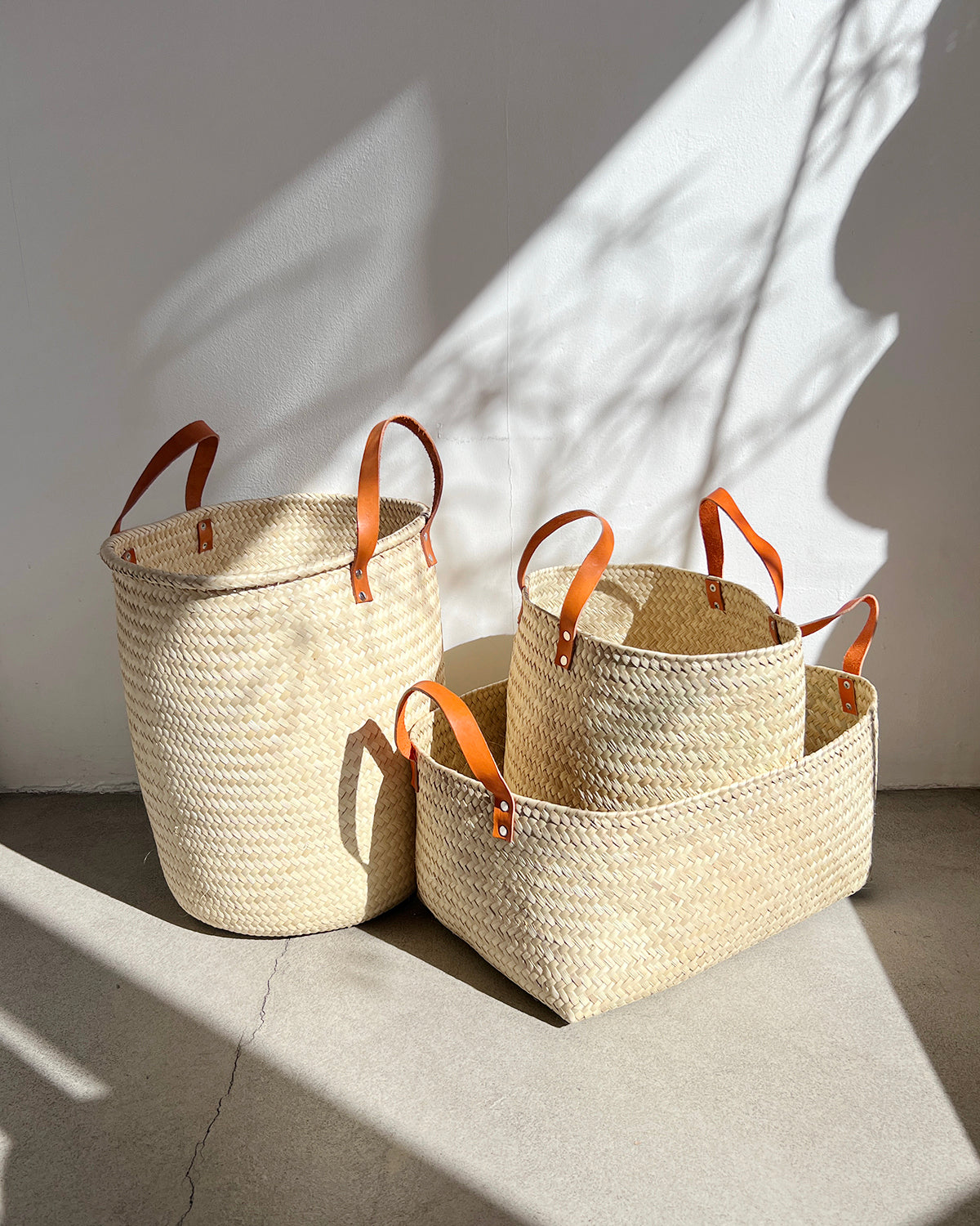 Round Woven Palm Baskets with Leather Handles