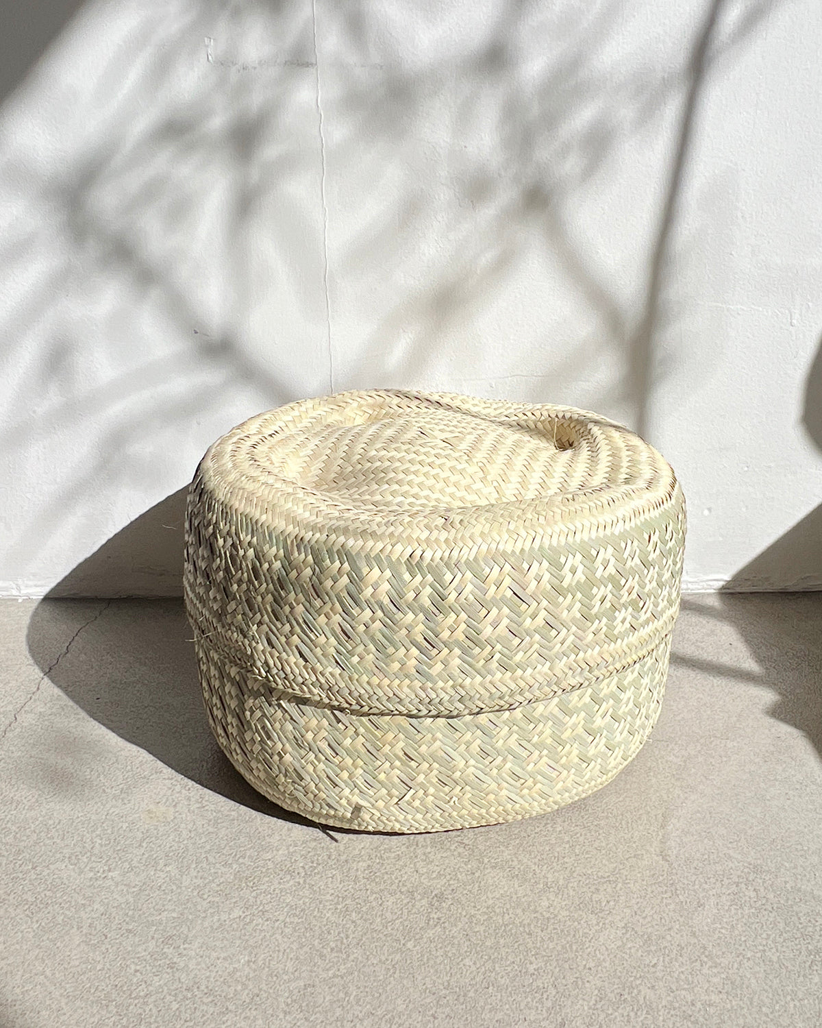 Natural and Sage Woven Palm Baskets with Lid