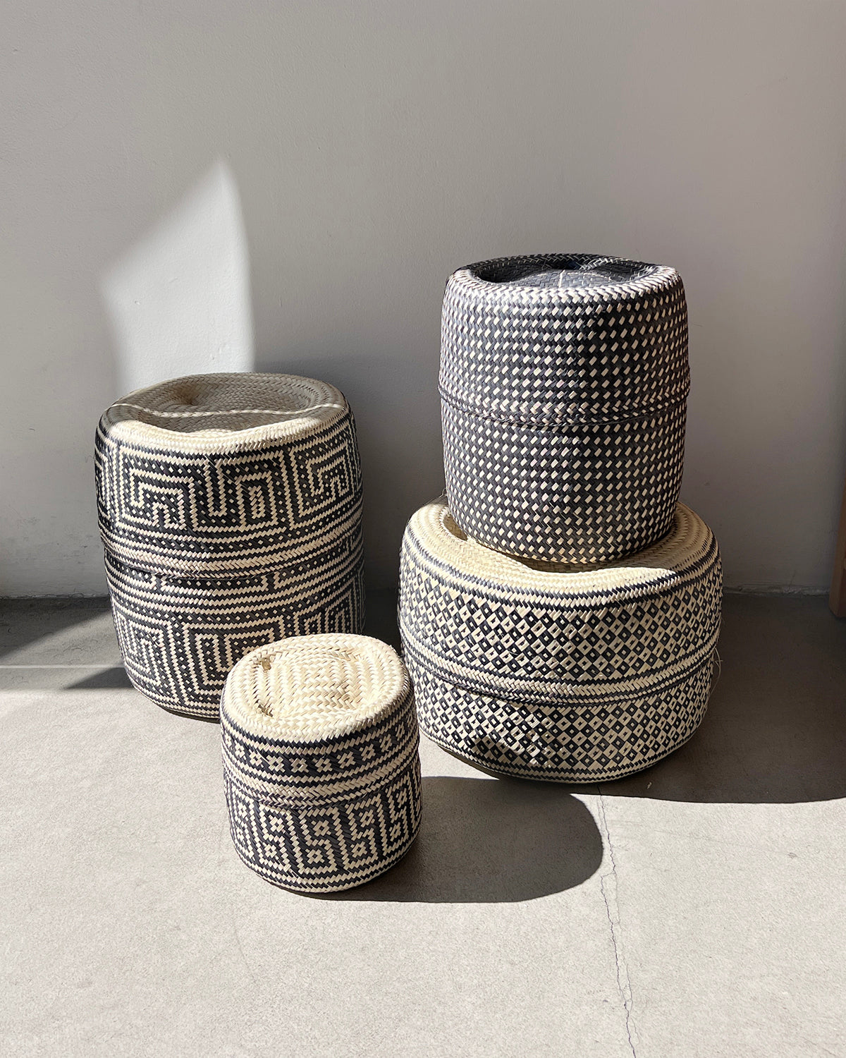 Black and Natural Woven Palm Baskets with Lid