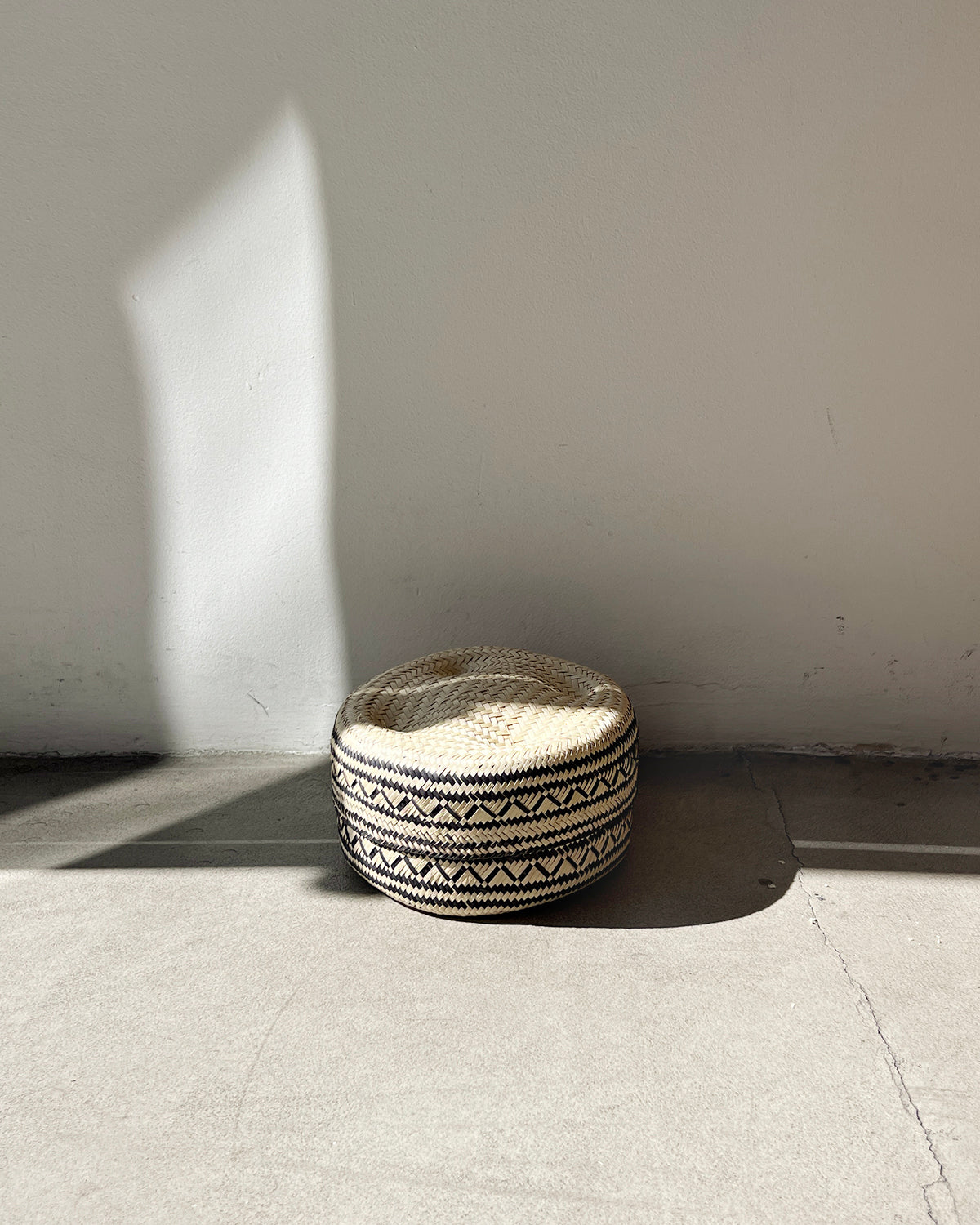 Black and Natural Woven Palm Baskets with Lid