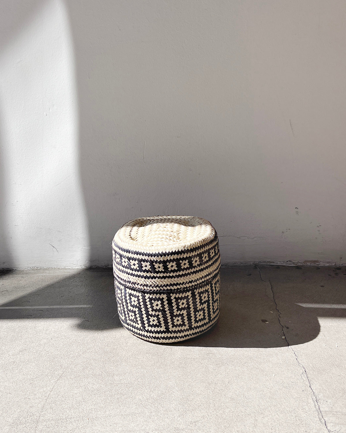 Black and Natural Woven Palm Baskets with Lid