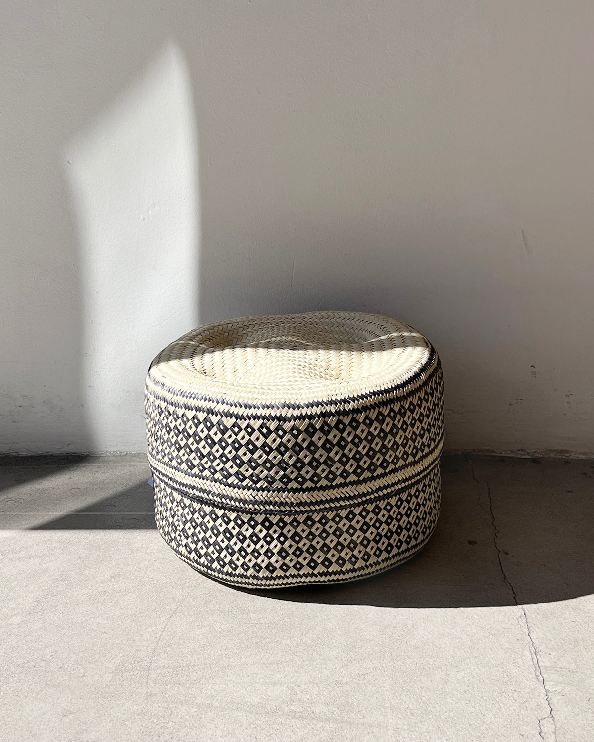 Black and Natural Woven Palm Baskets with Lid