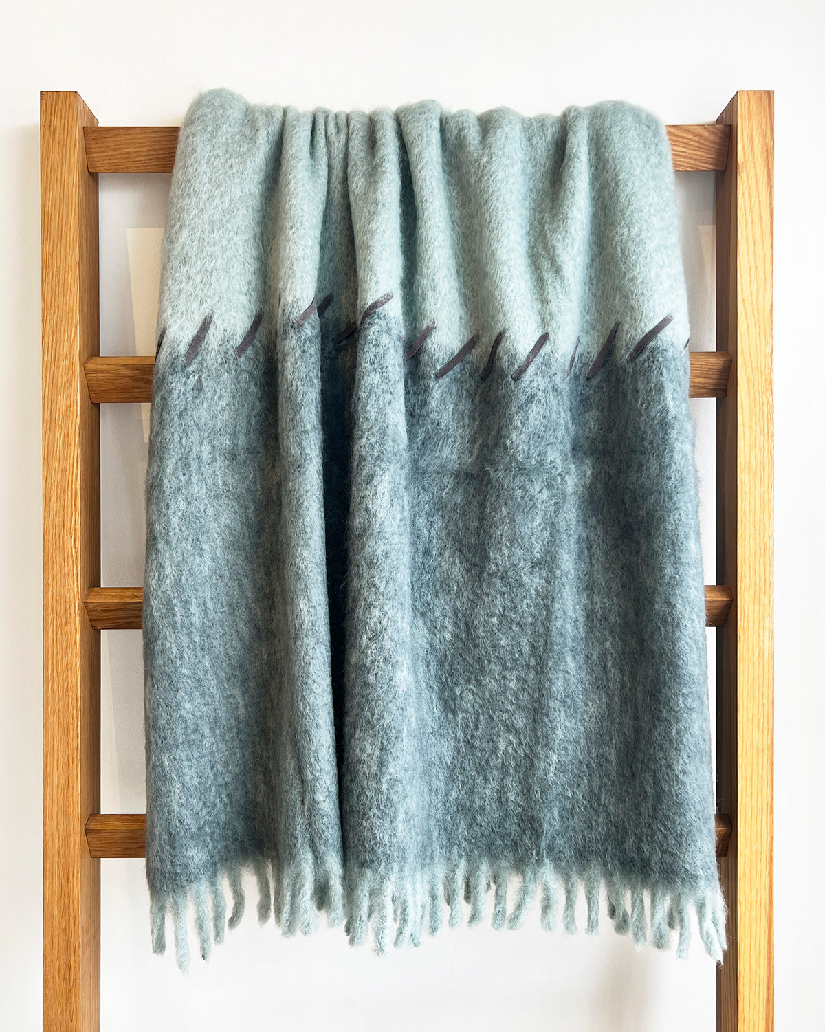 Marina and Seafoam Mohair Blanket - Suede Whipstitch