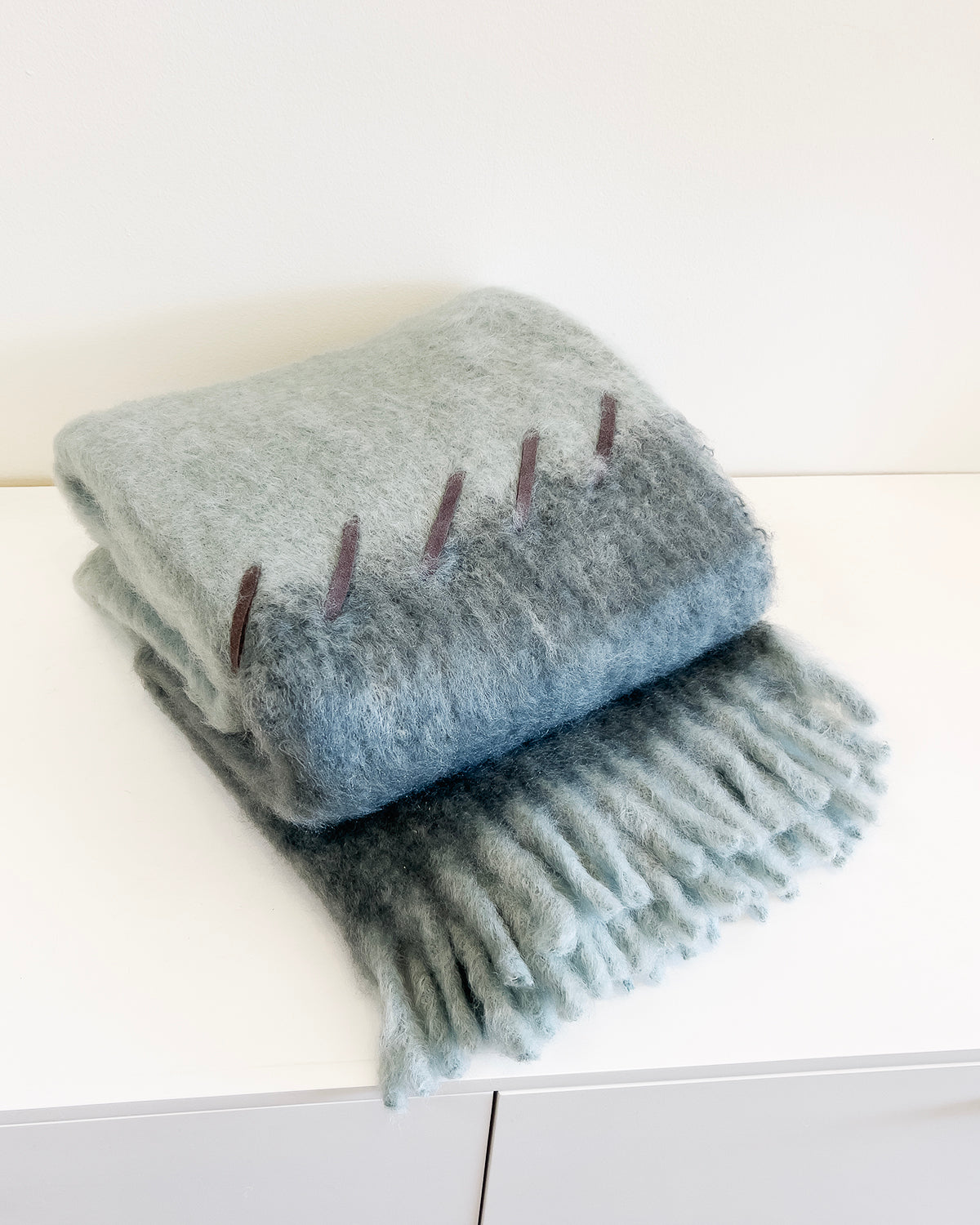 Marina and Seafoam Mohair Blanket - Suede Whipstitch