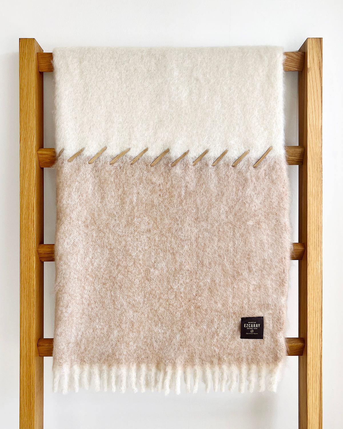 Oatmeal and Cream Mohair Blanket - Suede Whipstitch