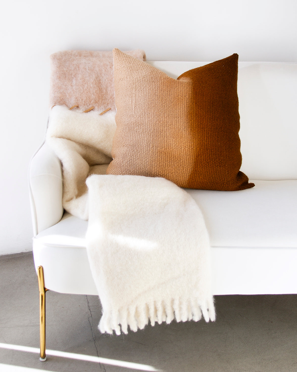 Oatmeal and Cream Mohair Blanket - Suede Whipstitch