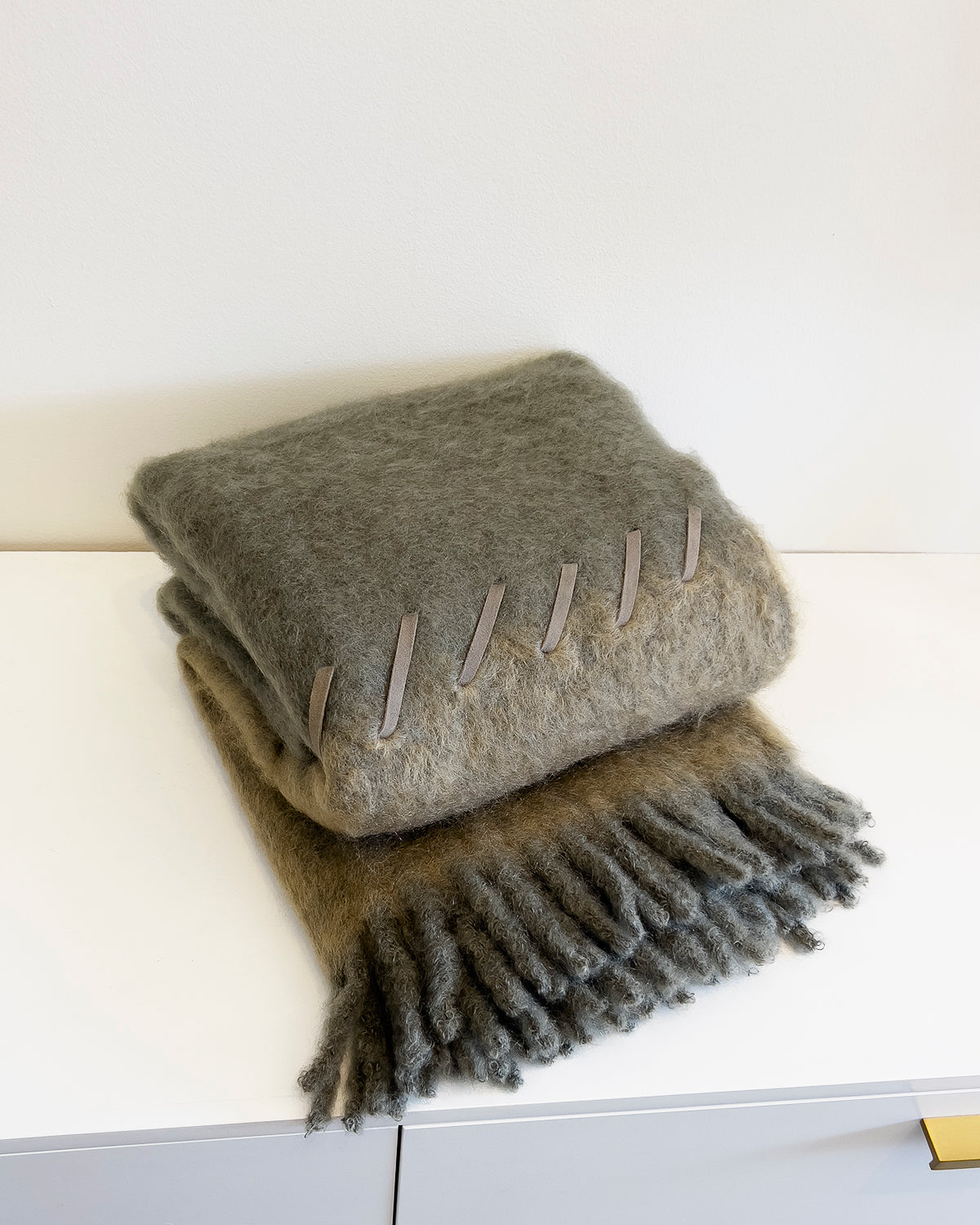 Sage and Moss Mohair Blanket - Suede Whipstitch