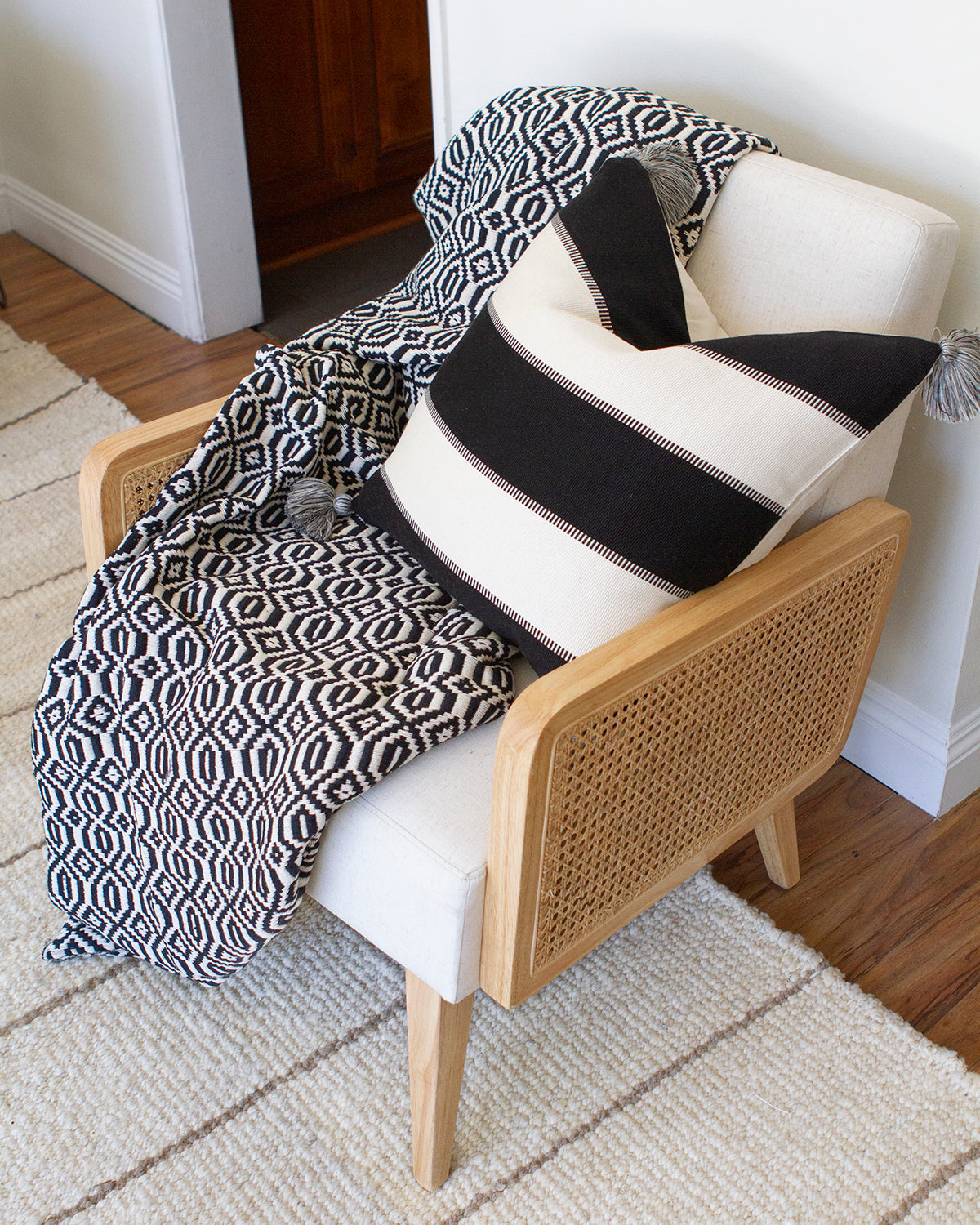 SALE Black and White Stripe Pillow w/ Pompoms