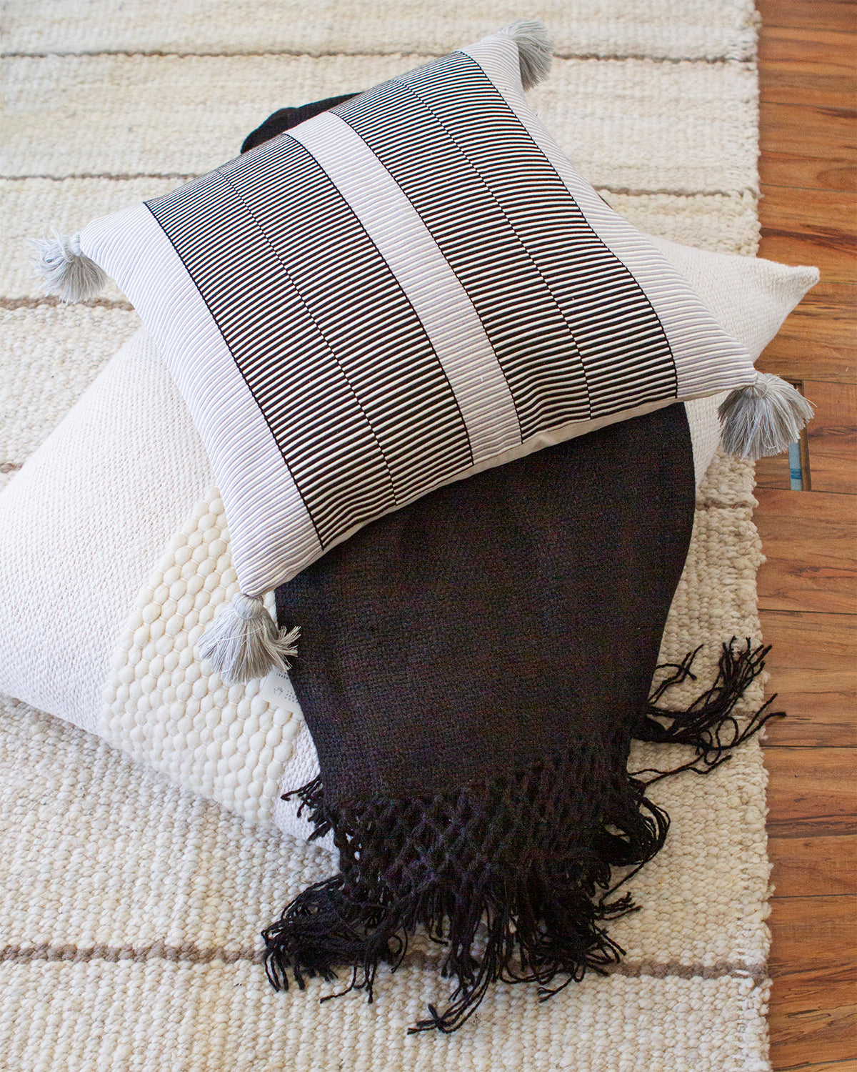 SALE Gray Grid Pillow w/ Pompoms