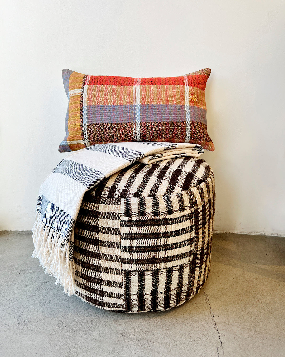 Isabel Checkered Round Pouf Ottoman