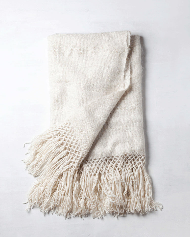 Handwoven llama wool throw ivory white