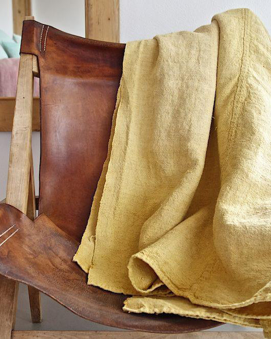 Hand-painted vintage linen throw yellow