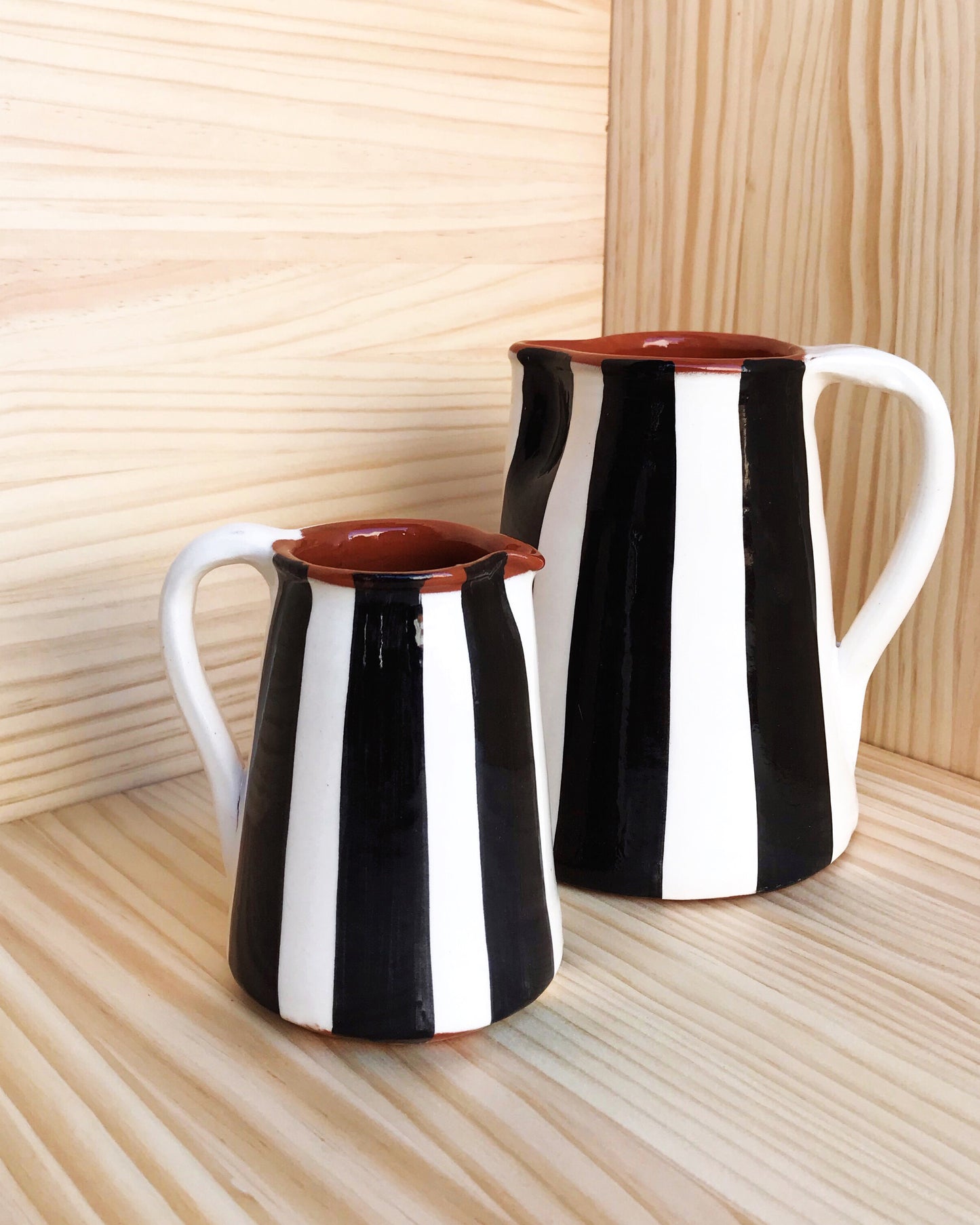 Handmade ceramic jugs geometric pattern black and white B&W