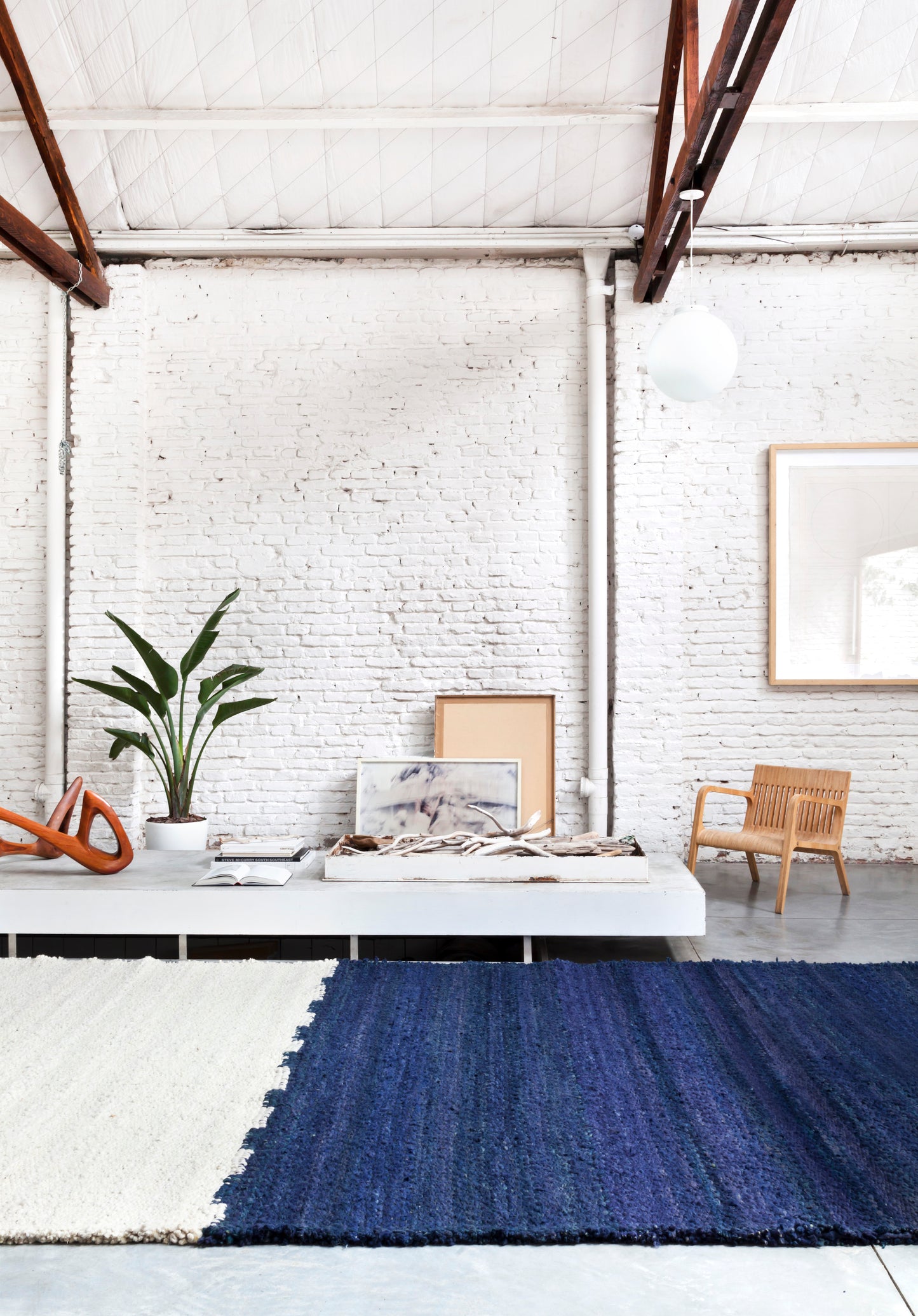 Handwoven wool rug white and blue