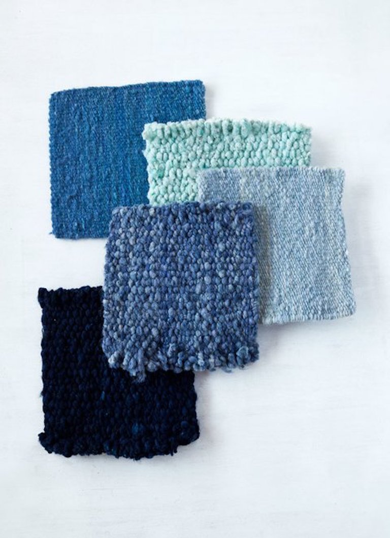 Handwoven wool rug color swatches blue