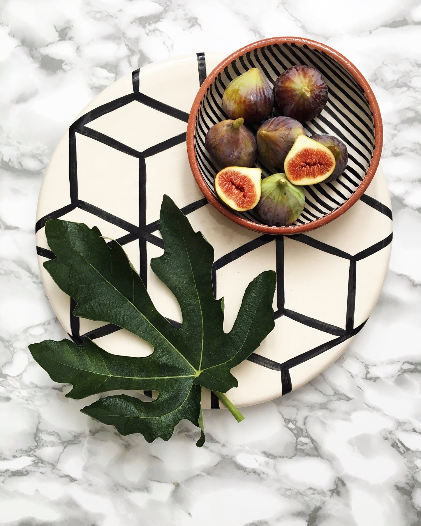 Handmade ceramic platter geometric pattern black and white B&W