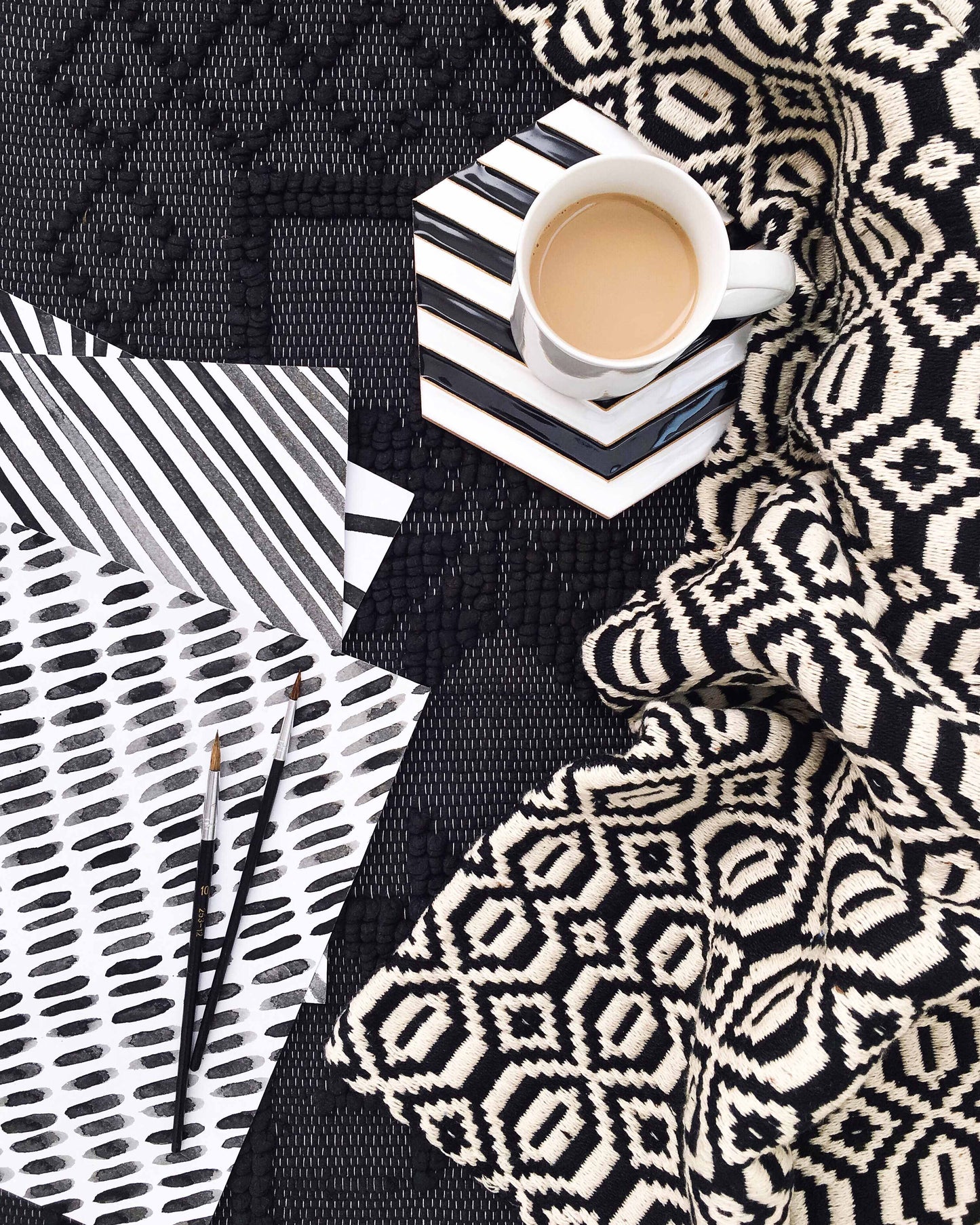 Handwoven recycled cotton blanket geometric pattern black and white B&W