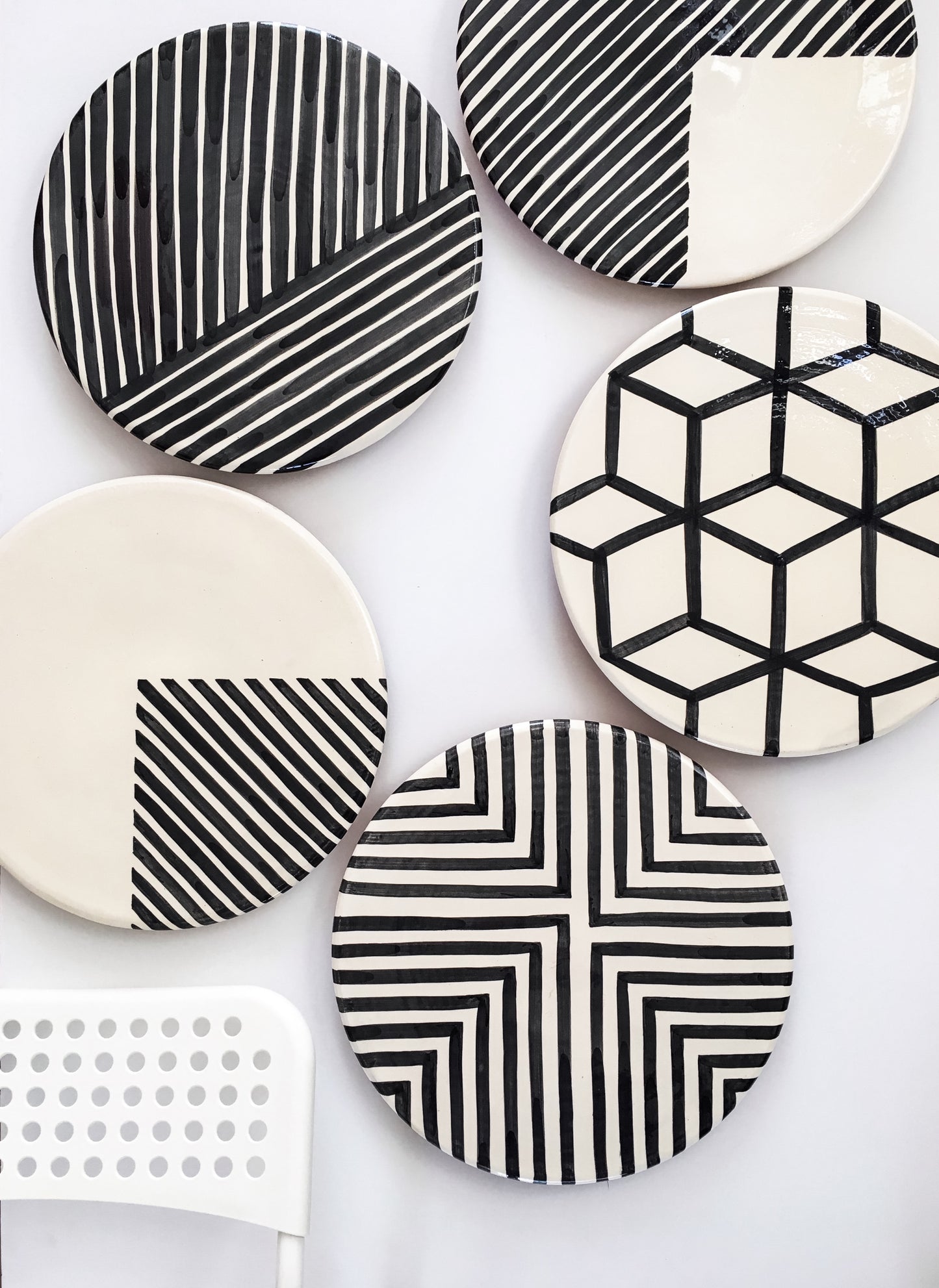 Handmade ceramic platters geometric pattern black and white B&W