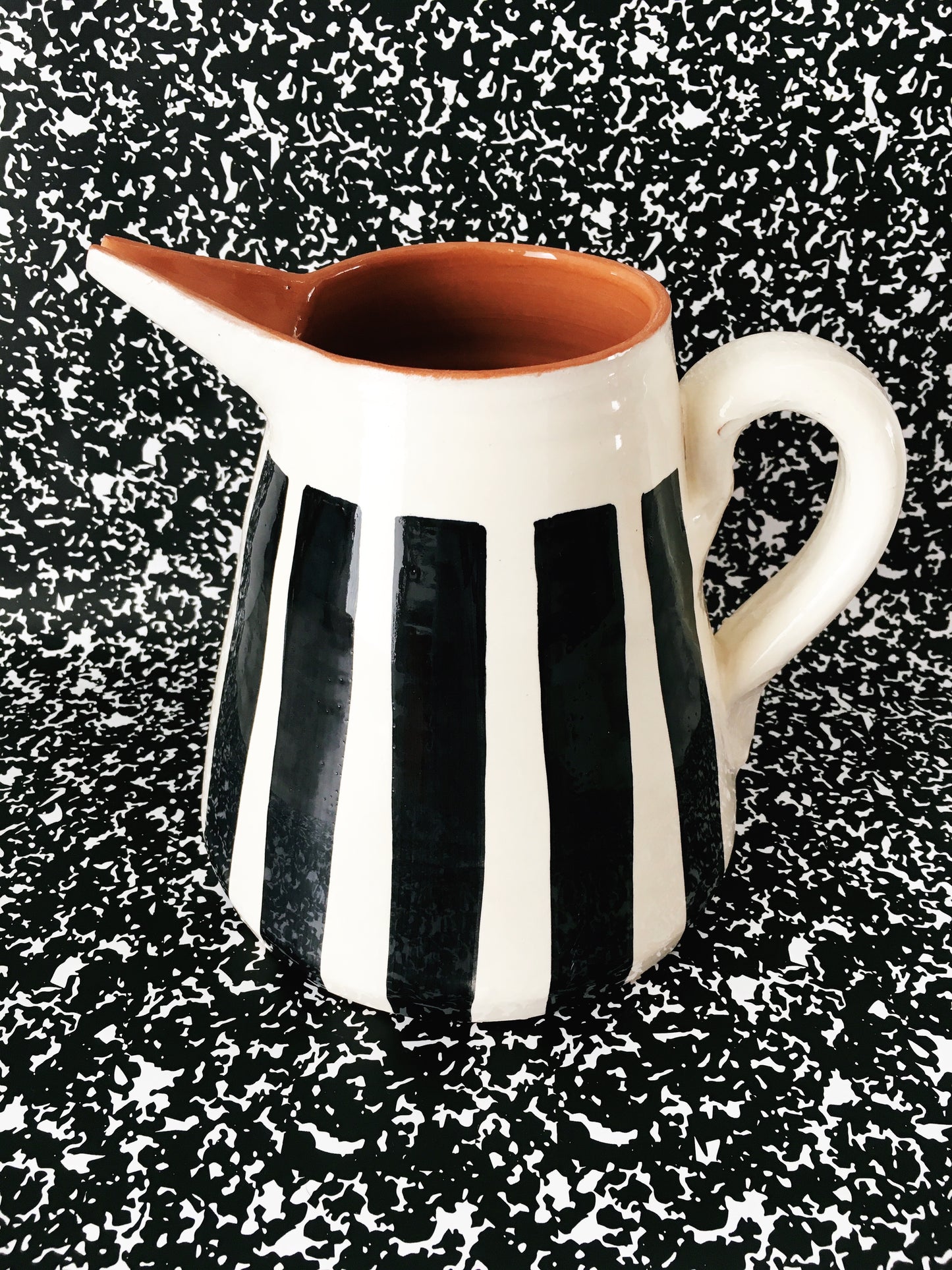 Handmade ceramic pitcher geometric pattern black and white B&W