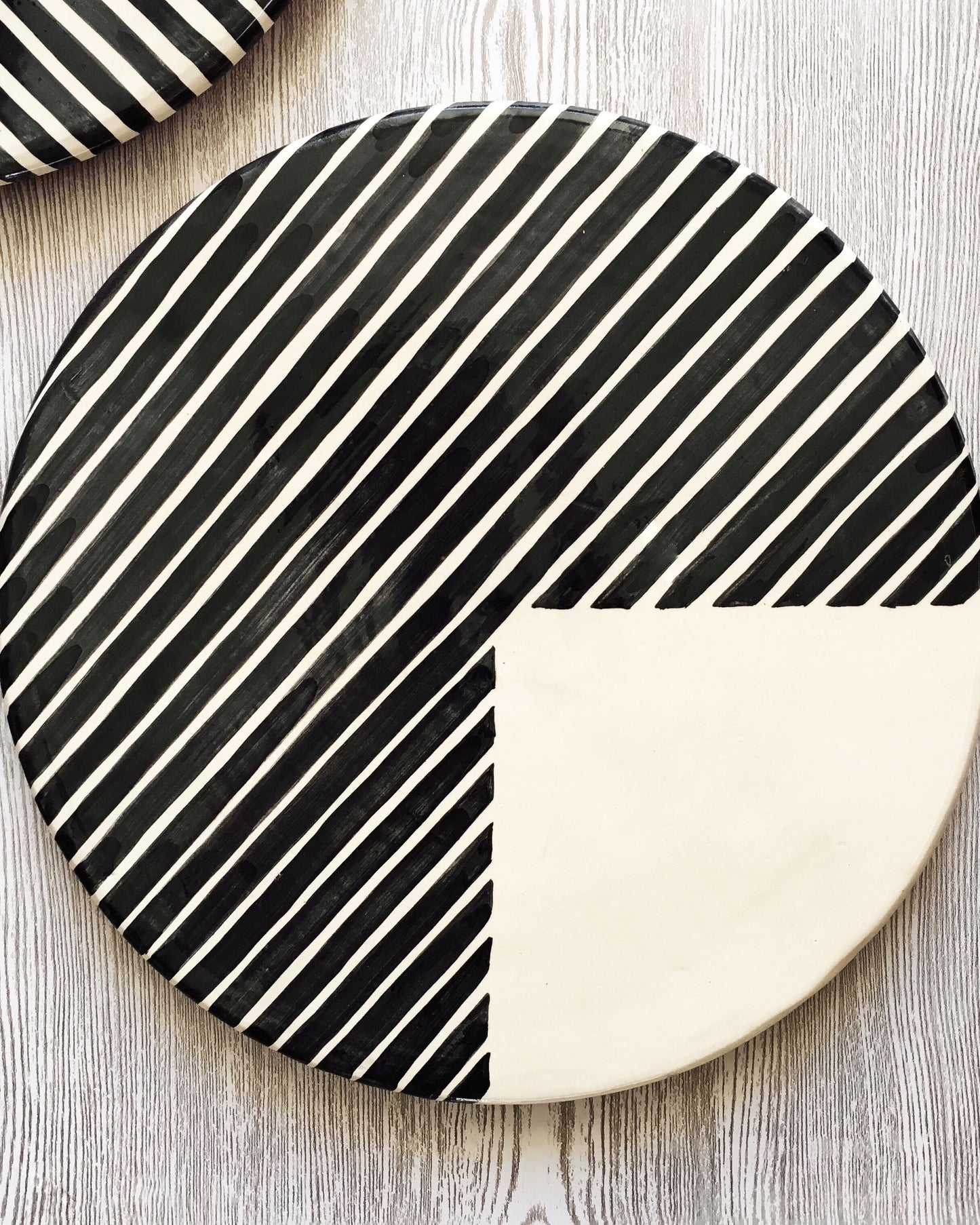 Handmade ceramic platter geometric pattern black and white B&W