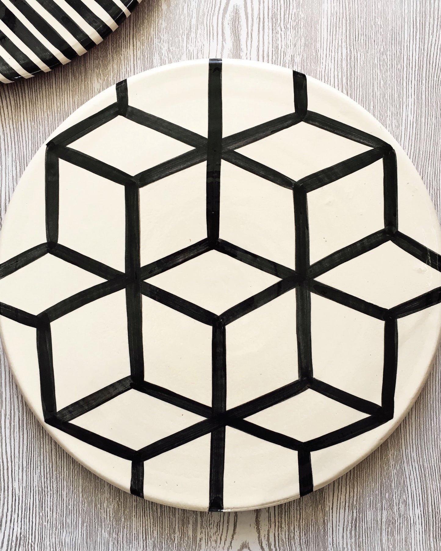 Handmade ceramic platter geometric pattern black and white B&W