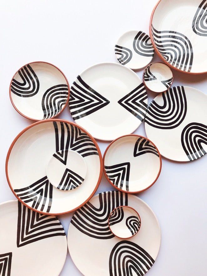 Handmade ceramic plates geometric pattern black and white B&W
