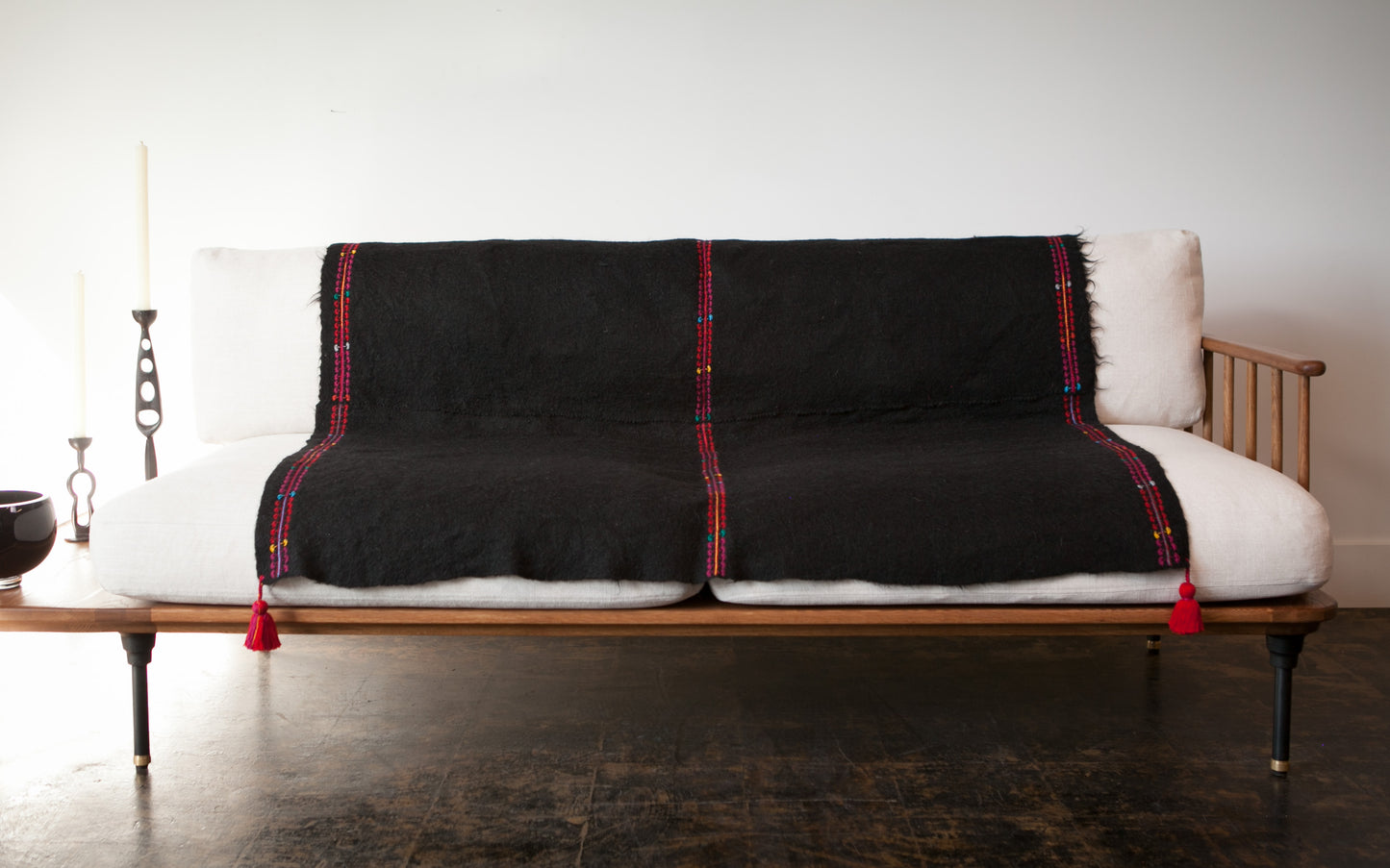 Handwoven wool throw black and red with tassels