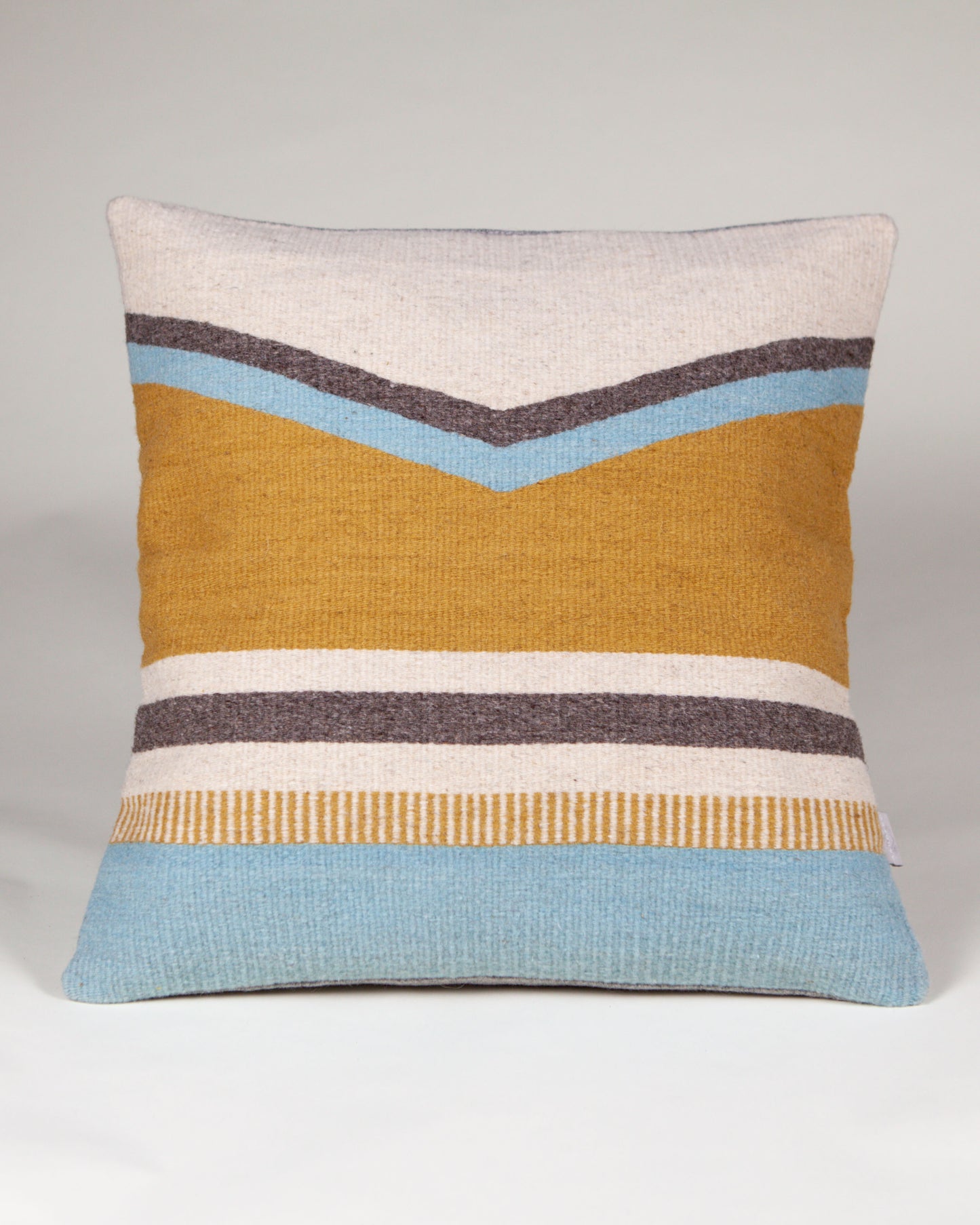 Handwoven wool pillow grey yellow blue geometric design