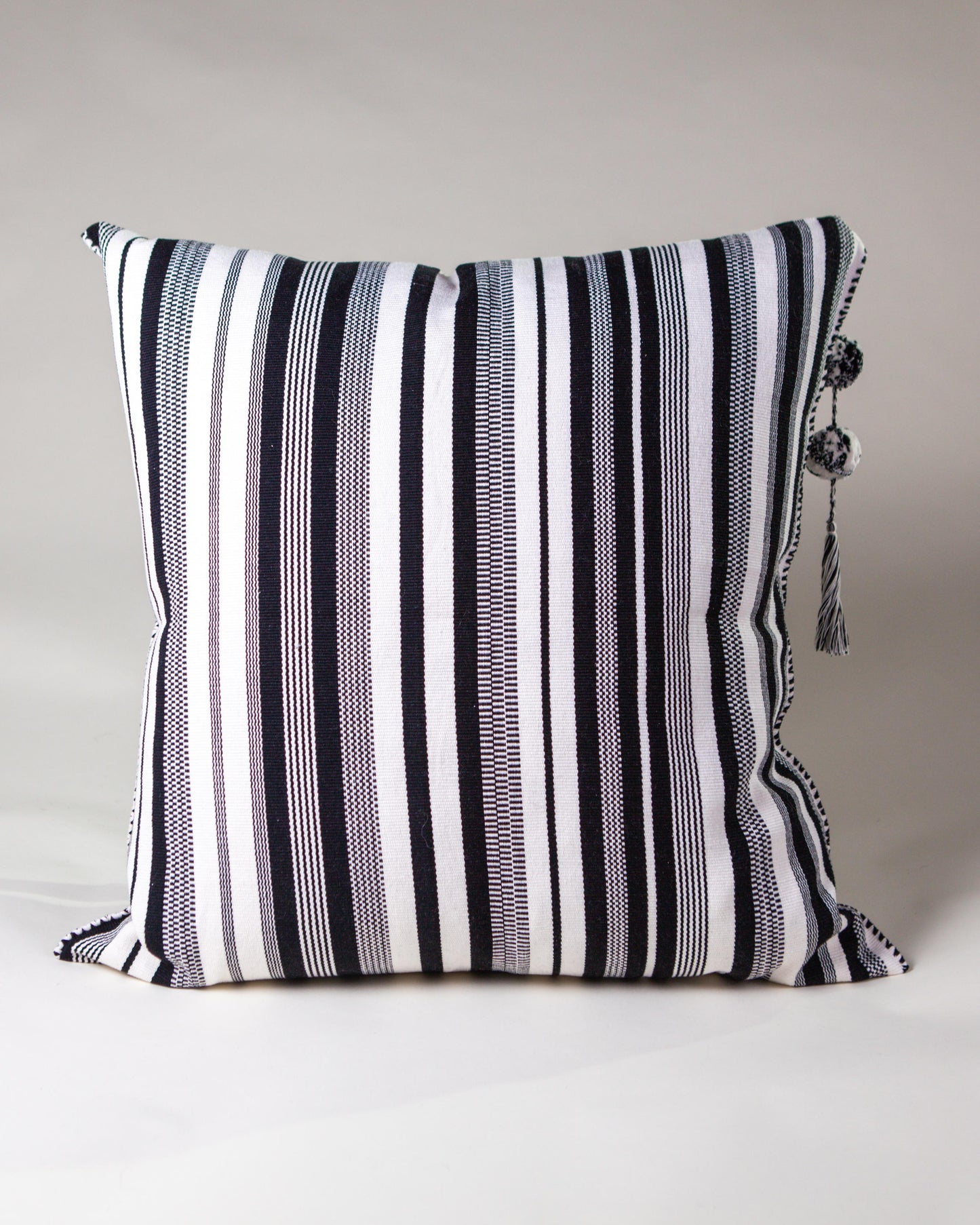 Handwoven cotton pillow with tassel black and white B&W